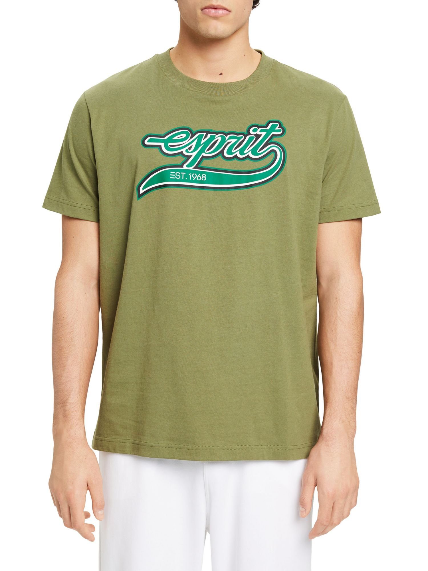(1-tlg) Retro-T-Shirt OLIVE Langarmshirt Baumwolle aus mit Logo Esprit