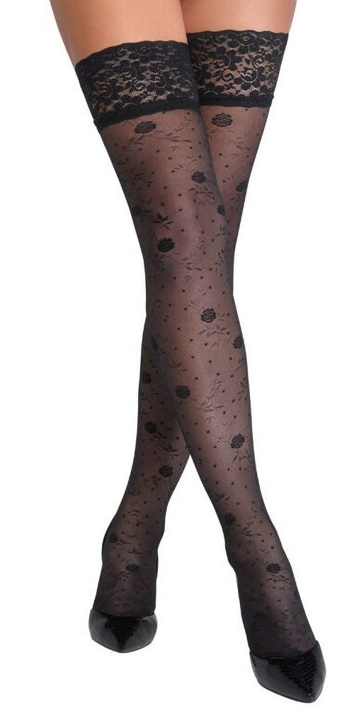 Cottelli LEGWEAR Halterlose Strümpfe Halterlose Strümpfe mit Silikonbund und Rosenmuster - schwarz (1-Paar) Innen mit rutschfestem Silikonband