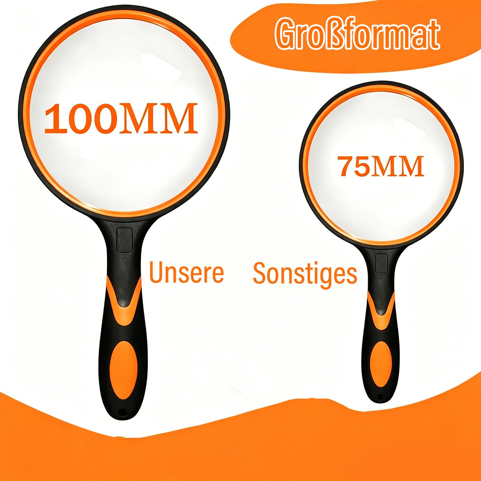 MOPUEA Handlupe Lupe 10 fach 100mm Große HandLupe Leselupe rutschfester Gummigriff, Leselupe Vergrößerungsglas großes Objektiv, erweitertes Sichtfeld, 1-tlg., R – Bild 4 von 5