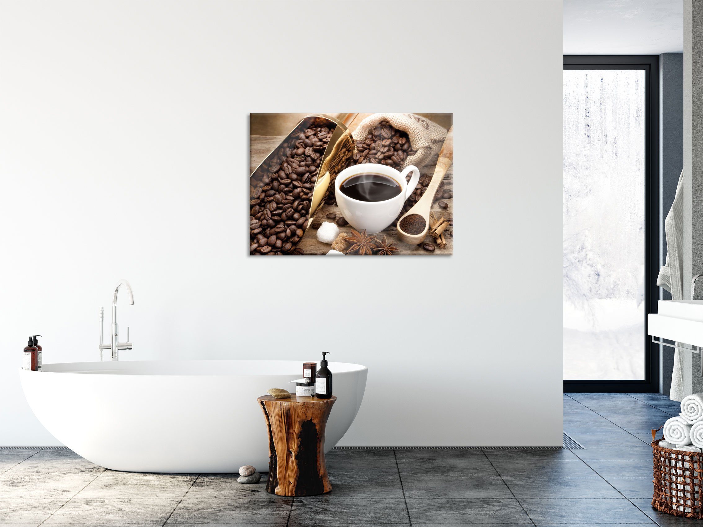 Pixxprint Glasbild Edler Kaffee und Kaffeebohnen, Edler Kaffee und Kaffeebohnen (1 St), Glasbild aus Echtglas, inkl. Aufhängungen und Abstandshalter