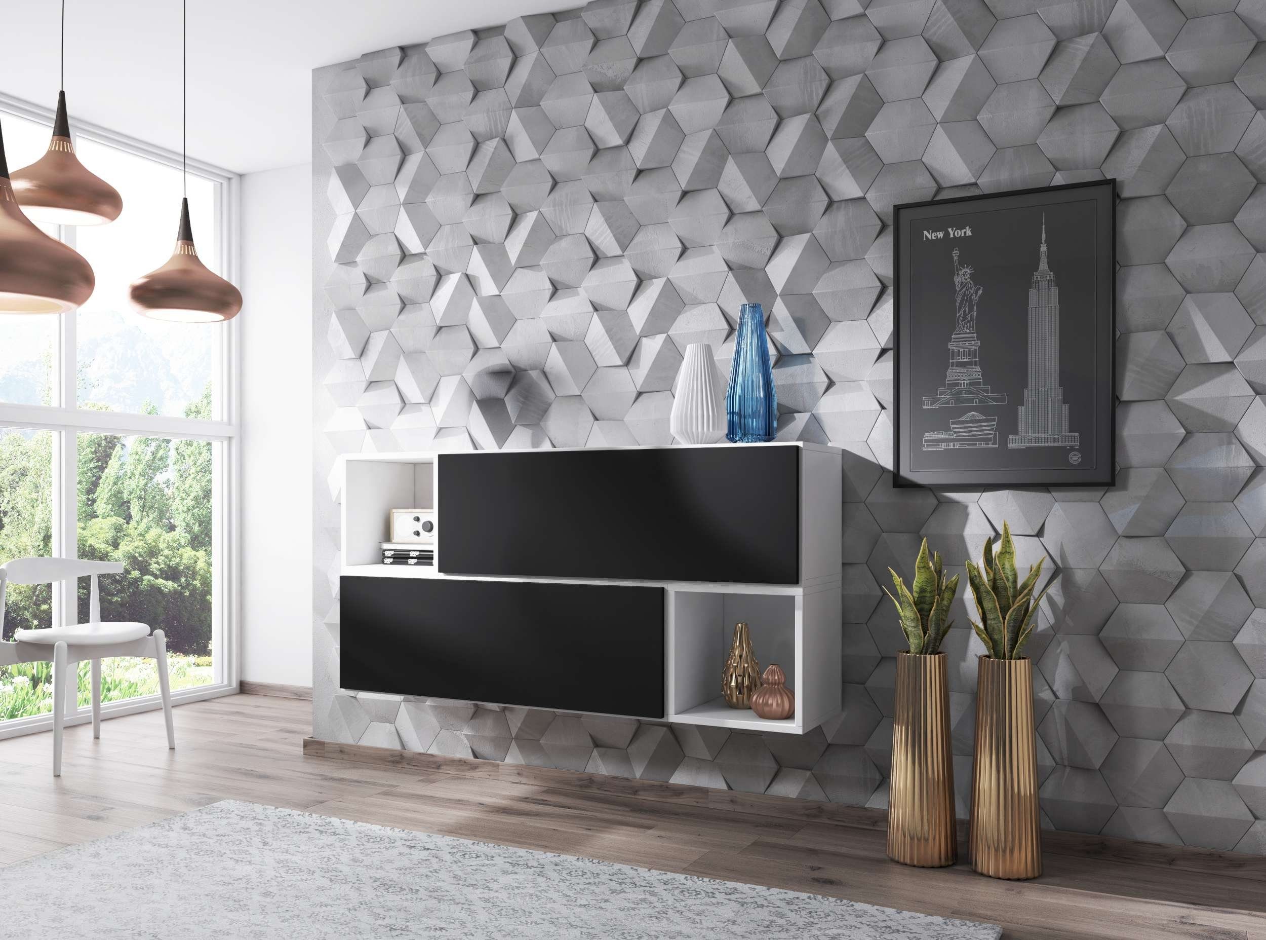 Stylefy Wohnwand Cono XIV, (Set (4-St), Wohnmöbel, Wohnzimmer-Set), bestehend aus 2xWandregal und 2xHängeschrank, mit Push-to-Open, Modern Design Weiß Matt - Schwarz Matt