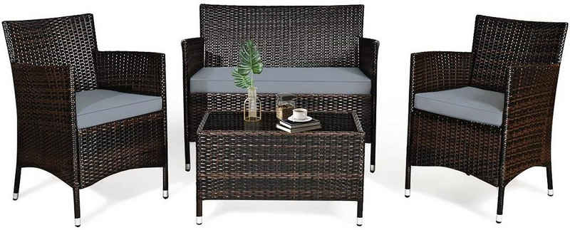 COSTWAY Gartenlounge-Set, (4-tlg), Rattan, Hartglas Tisch, mit Kissen