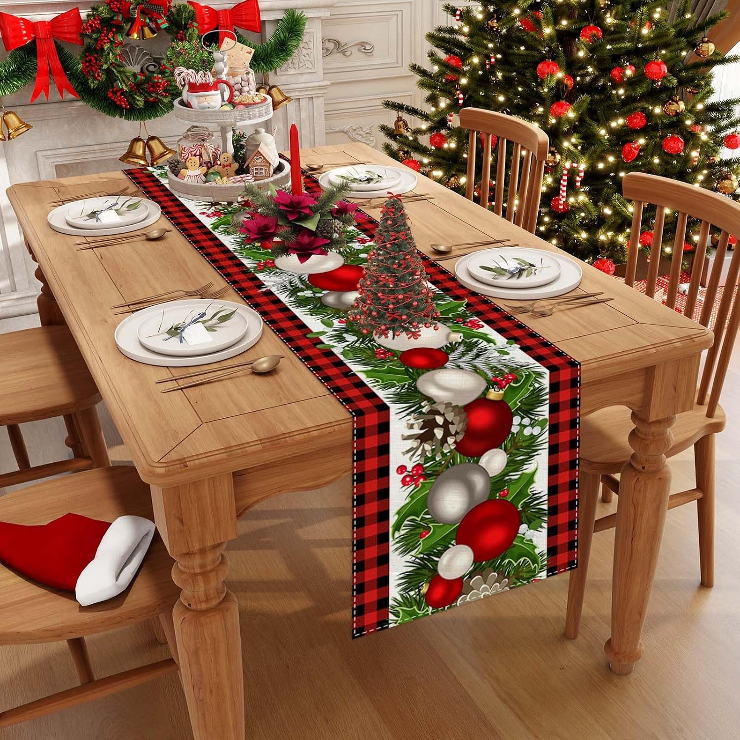 Bomiclss Tischläufer Weihnachten Tischläufer, Saisonnal Winter Küche Tisch Dekoration, Drinnen Urlaub Party Dekor 40x140 cm – Bild 2 von 5