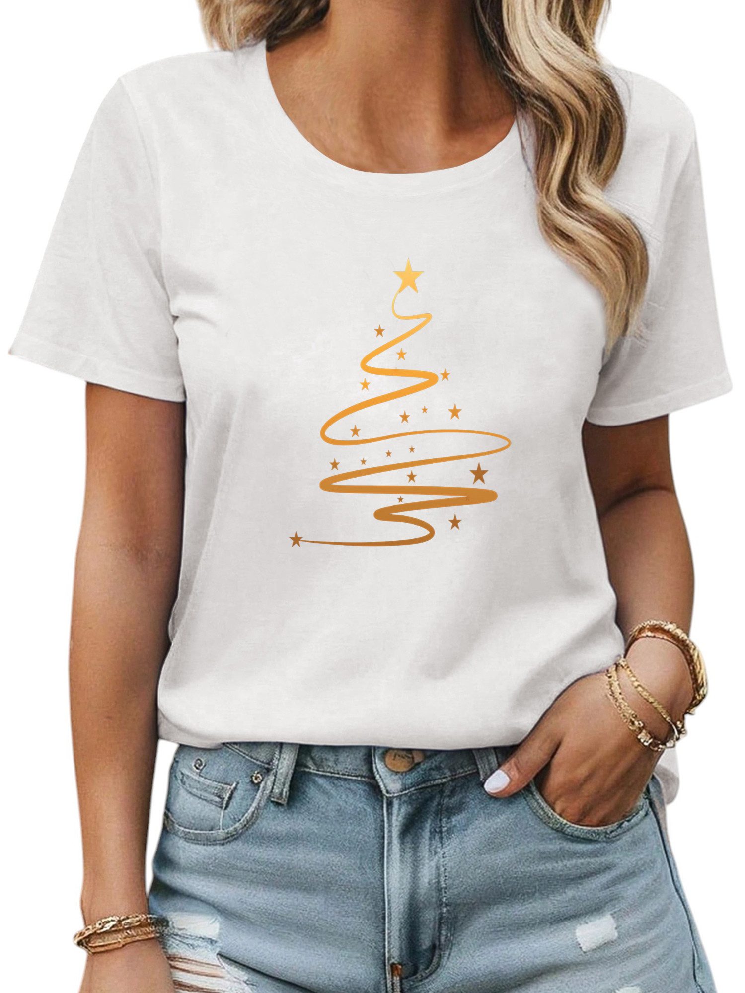 PYLIKE T-Shirt Damen Kurzarm Festlich Basic-Shirt mit Weihnachtsbaum Print günstig online kaufen