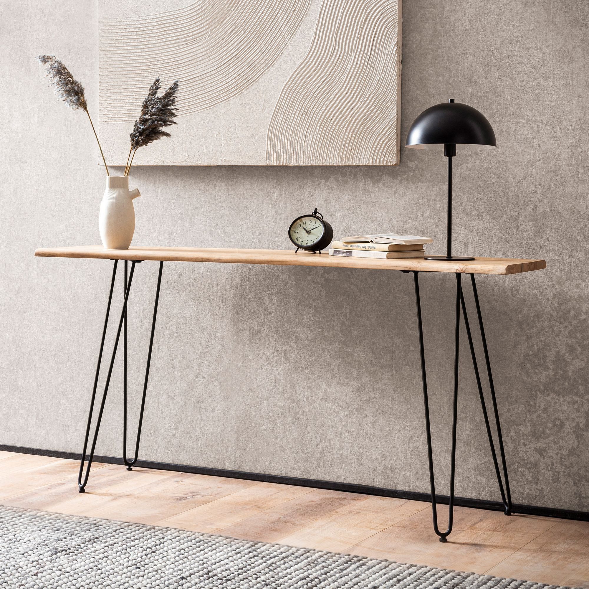 FINEBUY Konsolentisch FB105391 Anrichte 150 cm Ablagetisch Massivholz Baumkante Modern (Akazie Massivholz 150 cm, Flurtisch Groß Metall), Ablagetisch, Dielentisch Baumkante Haarnadelbeine