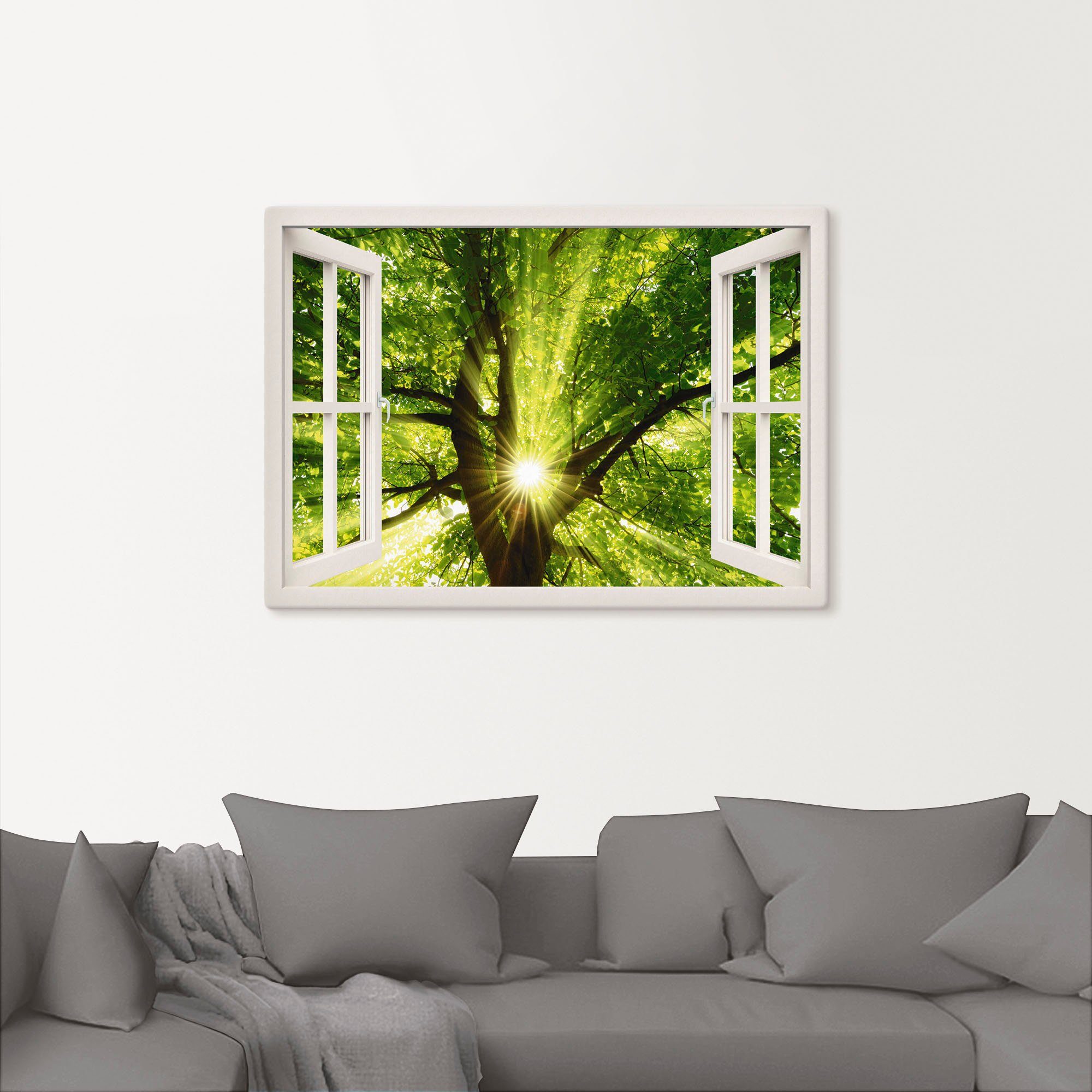 Artland Wandbild durch Größen Bäume Leinwandbild, in Fensterblick strahlt versch. Sonne St), Wandaufkleber Poster (1 als oder Baum