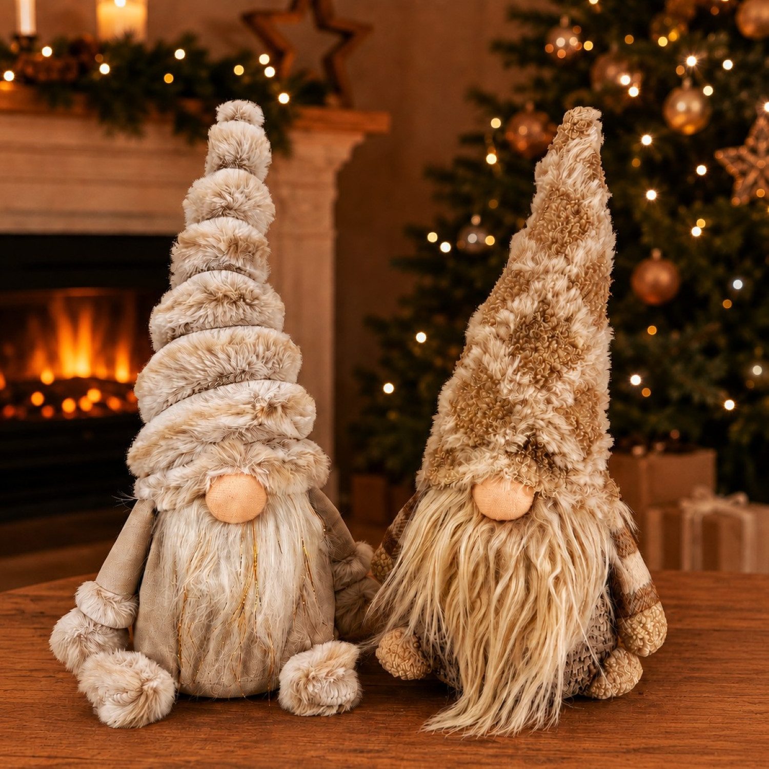 Online-Fuchs Dekofigur 2 flauschige Weihnachtswichtel, Zwerge - Deko für Winter & Weihnachten (harmonische Beige- und Naturtöne, kuschelige Zipfelmützen und flauschige Bärte), eine liebevolle Dekoration für eine gemütliche Weihnachtszeit - W4