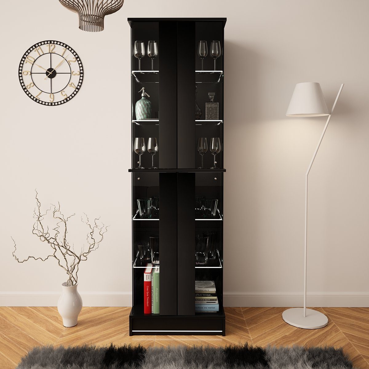 Regal mit Highboard pressiode schwarz LED 55cm Hochschrank hochglanz Bücherregal hochglanz Glasvitrine Vitrine
