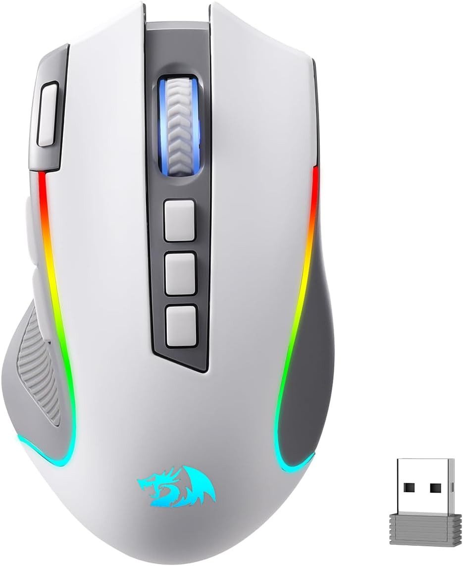 Redragon M612 Maus, RGB, 2,4 GHz/Bluetooth/Kabelgebunden, 8000 DPI Gaming-Maus (Bluetooth, Funk, kabelgebunden, 9 Programmierbare Tasten, Schnellfeuer, 3-Modus-Verbindung)