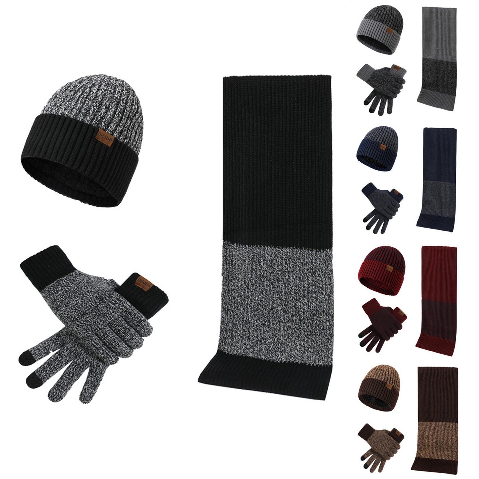 Beanie 1 und Set Winter 3 Warm verdicken Mütze Warm für (mit Set Pelzgefütterte) Mütze Schal Schlupfmütze und Weich Handschuhe Schal Grau Winter in , Herren Damen Handschuhe Rutaqian