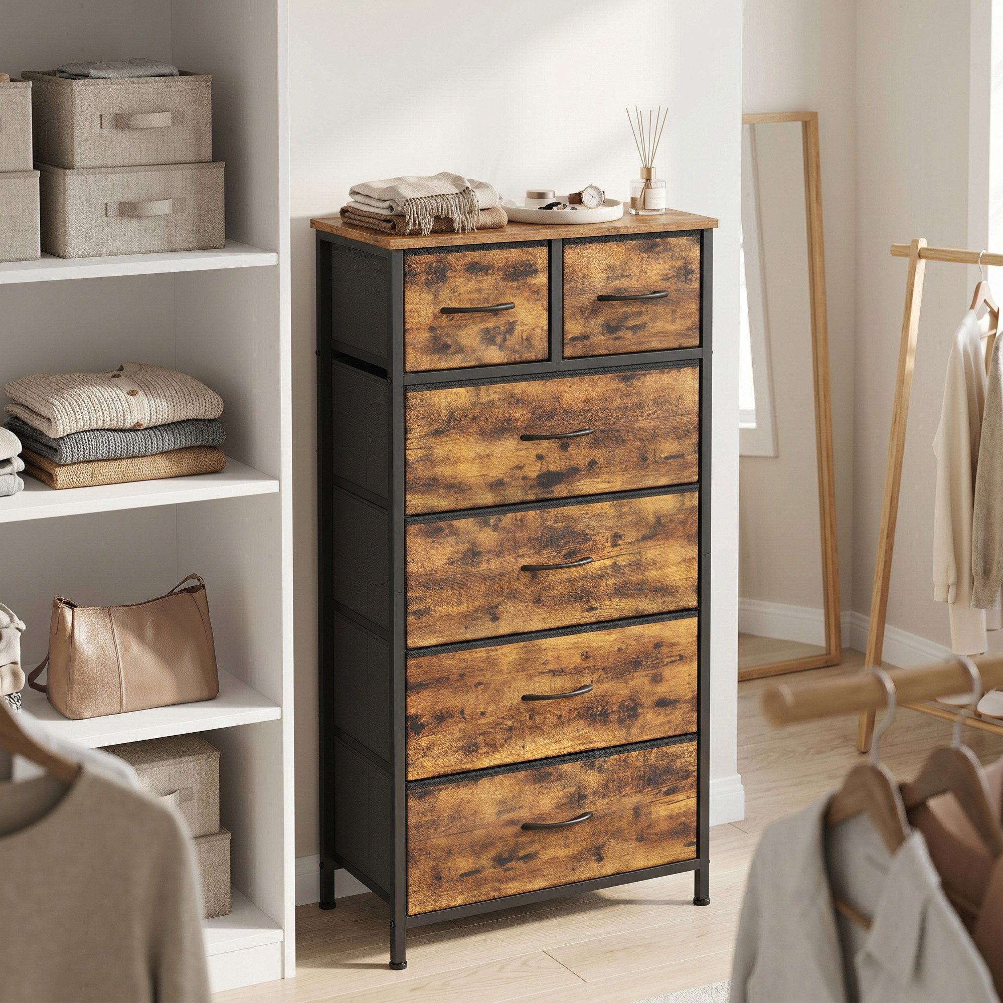 SONGMICS Kommode Schrank mit 3/4/5 Schubladen, Aufbewahrungsschrank, Stahl, MDF, Vliesstoff, für Schlafzimmer