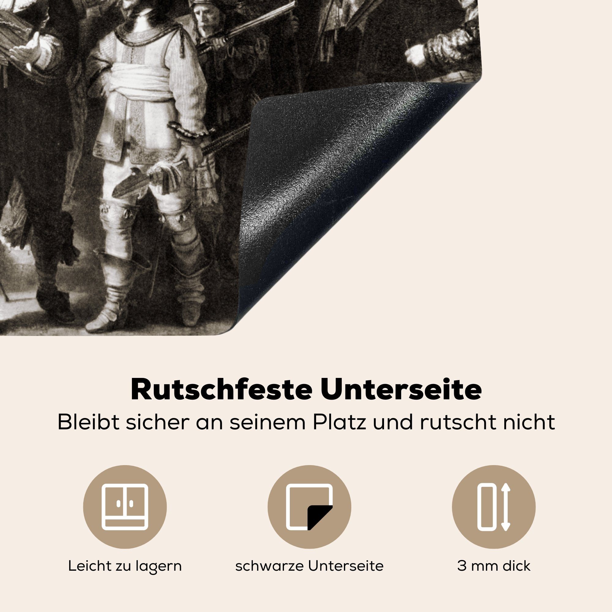 Herdblende-/Abdeckplatte 59x52 Vinyl, küche, tlg), und Rembrandt Ceranfeldabdeckung Schwarz Weiß cm, van Induktionsmatte Rijn, die MuchoWow - für Nachtwache in (1 Die