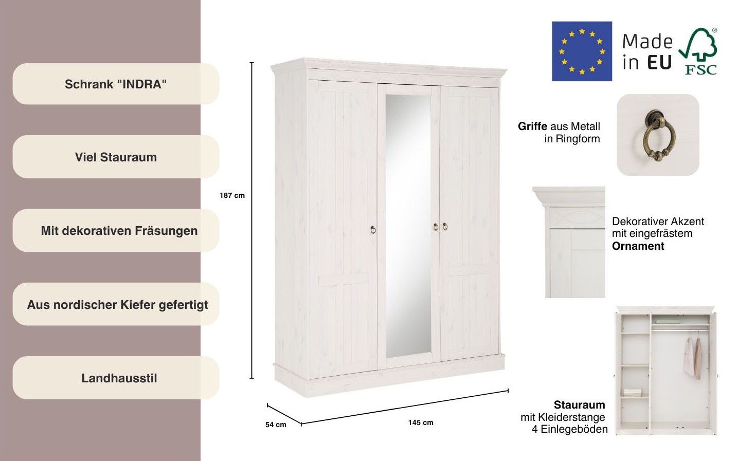 OTTO home Kleiderschrank Indra (3 Breiten: 100/145/233 cm H/T ca.187/54 cm) aus massiver Kiefer, mit Spiegel bei der 3- und 5trg.Variante
