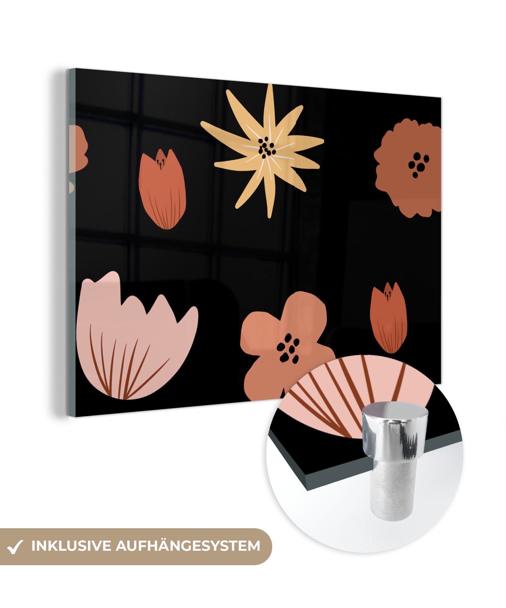 MuchoWow Acrylglasbild Blumen - Schwarz - Muster, (1 St), Acrylglasbilder Wohnzimmer & Schlafzimmer