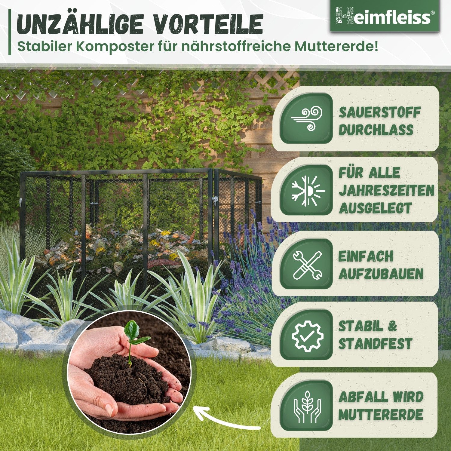 Heimfleiss® Komposter Metall Komposter 450L/750L – verzinkt & pulverbeschichtet, BxTxH: 80x80x70 cm, 450 l, Robuster Gartenkomposter mit Stecksystem für nachhaltige Kompostierung