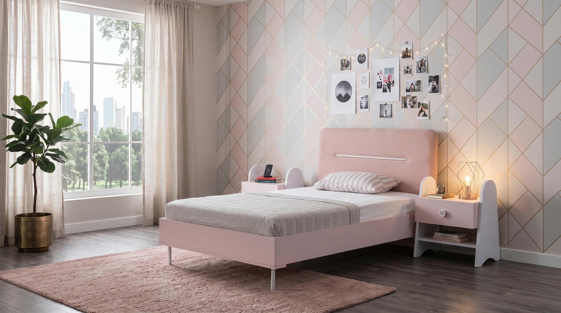 Xlmoebel Jugendzimmer-Set Weiß-rosa Jugendzimmer Bett Nachttische Kinderzimmer modern Mädchen, (3-tlg., 3-tlg)