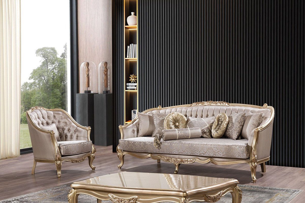 Barock elegantem Sessel - mit Barock Muster Padrino Barockstil - Möbel Luxus Wohnzimmer / Sessel Silber Sessel - Möbel Einrichtung Casa Gold Wohnzimmer Casa Padrino Barock Luxus Prunkvoller - im