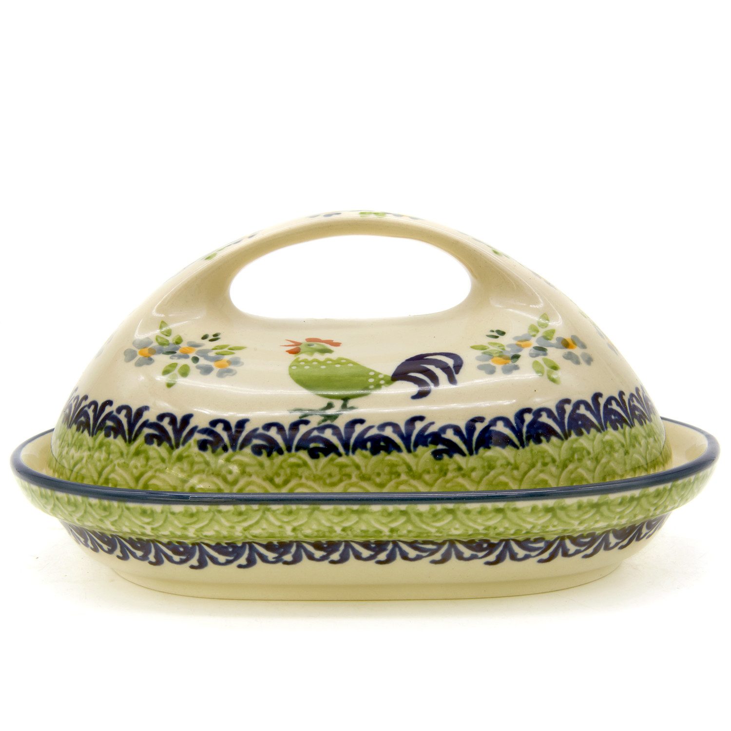 Bunzlauer Keramik Manufaktura Butterdose oval mit großem Griff, Unterteil und Deckel oval geformt, großer Griff.