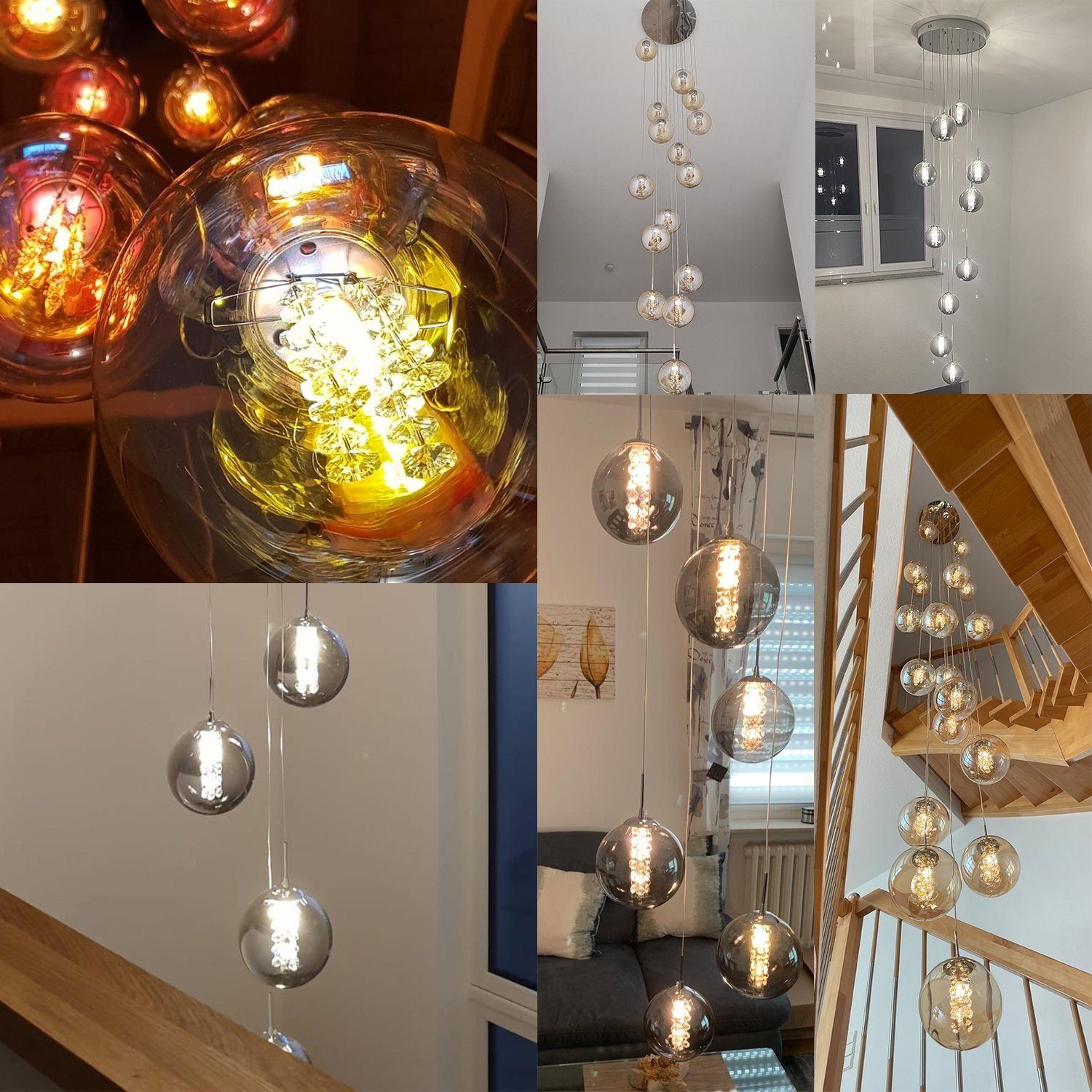 ZMH Pendelleuchte Esstisch 150CM Höhenverstellbar Pendellampe Kronleuchte Wohnzimmer, Glaskugel Hochwertige Design, LED wechselbar, 6-Flammig Grau Esszimmerlampe Schlafzimmer