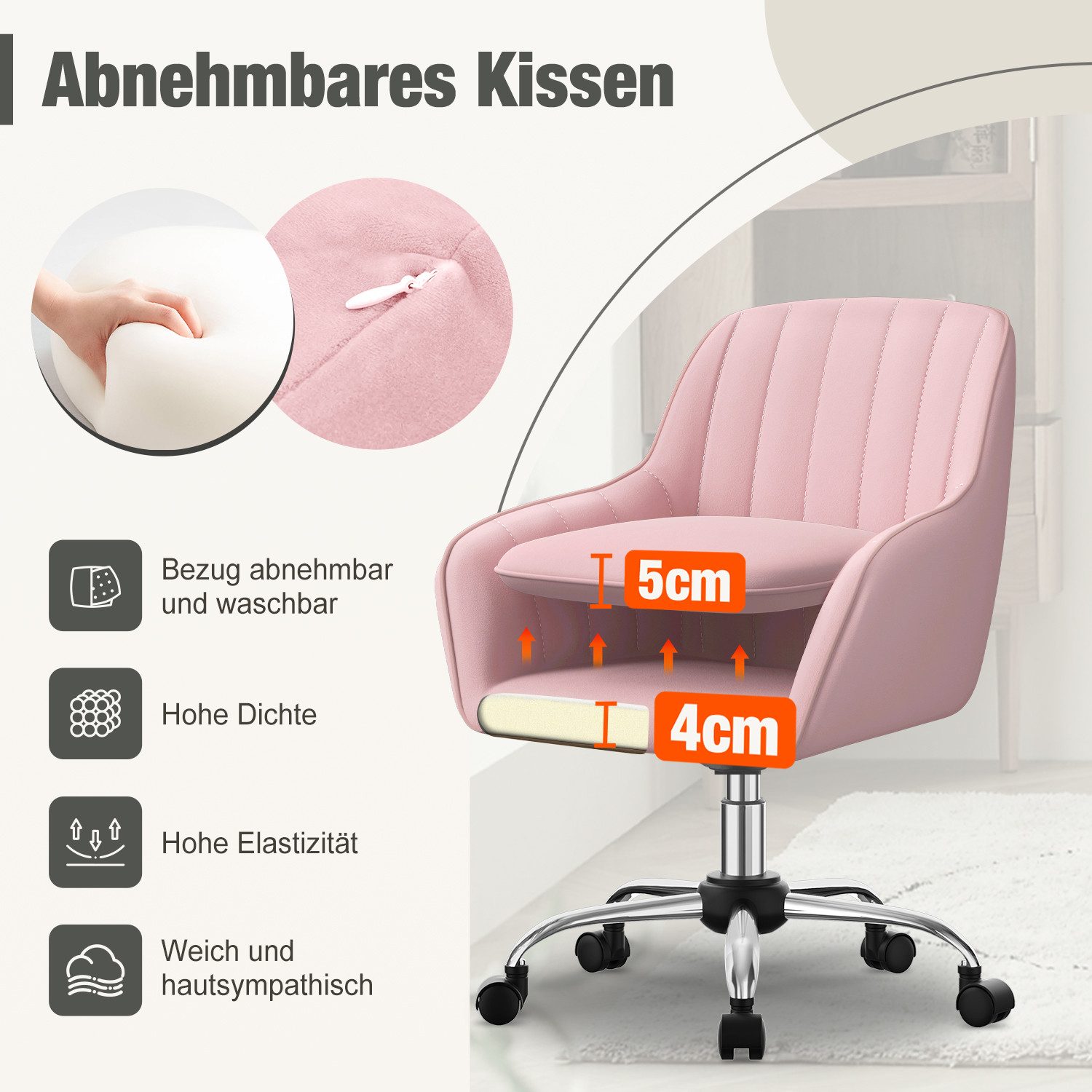 Adormii Bürostuhl Homeoffice Stuhl,Schminkstuhl mit Armlehnen,Drehstuhl mit Rrollen (Samt Stuhl,höhenverstellbar,für Schminktisch,Arbeitszimmer, Schlafzimmer,150kg)