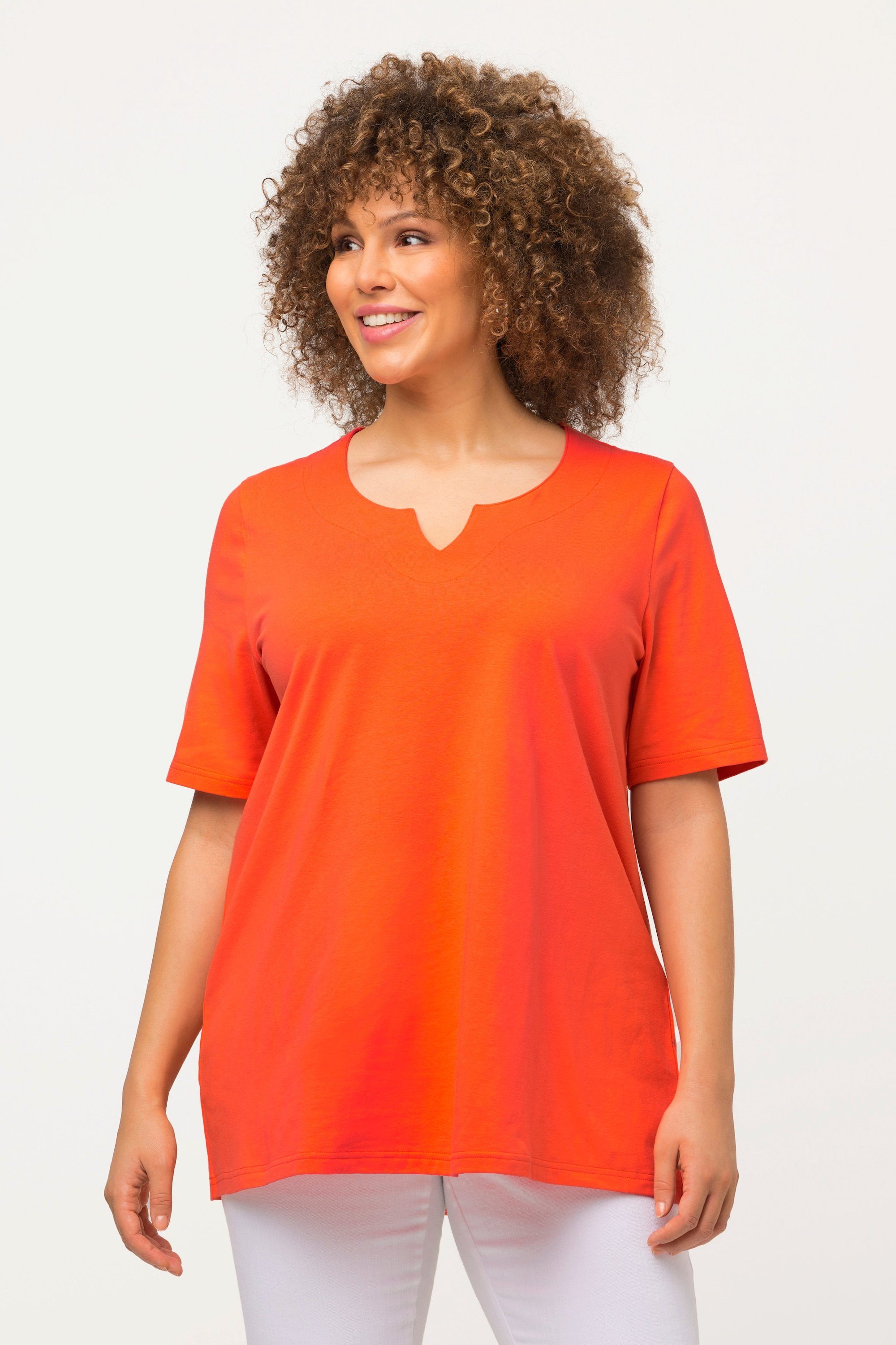 Ulla Popken Rundhalsshirt T-Shirt A-Linie Tunika-Ausschnitt Halbarm mandarine