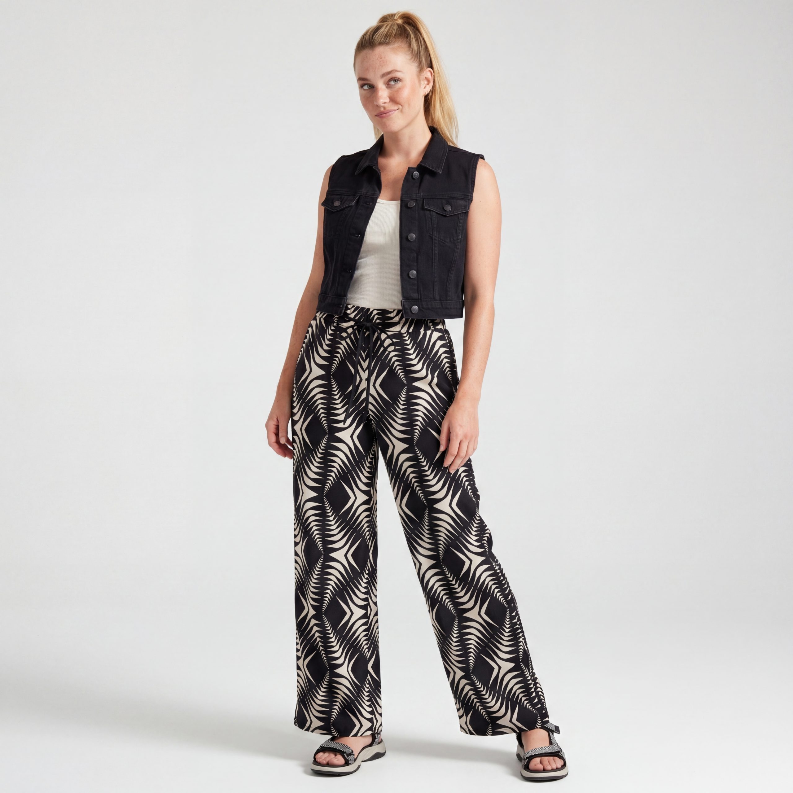OriginalYou Palazzohose Sommerhose Damen Freizeithose Schwarz Weiß Schlupfhose Straight Leg One Size 36-44 passend für (36-40 relaxed, 40-44 regular)