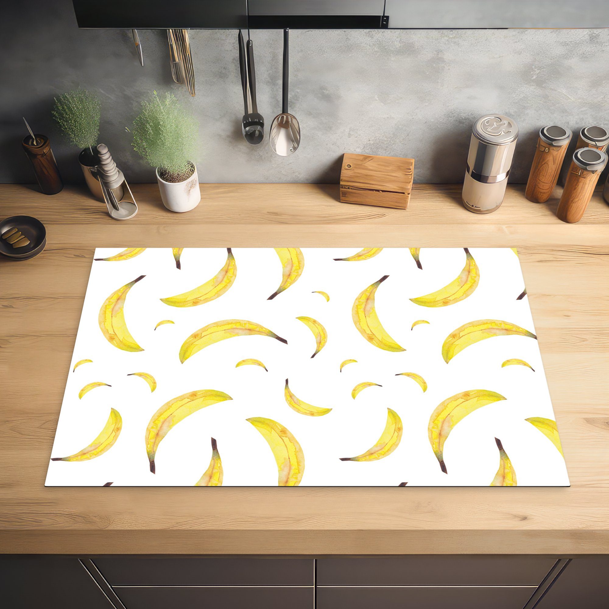 Schutz cm, - Obst für Ceranfeldabdeckung Vinyl, (1 küche, MuchoWow Induktionskochfeld Bananen Weiß, die 81x52 - tlg), Herdblende-/Abdeckplatte