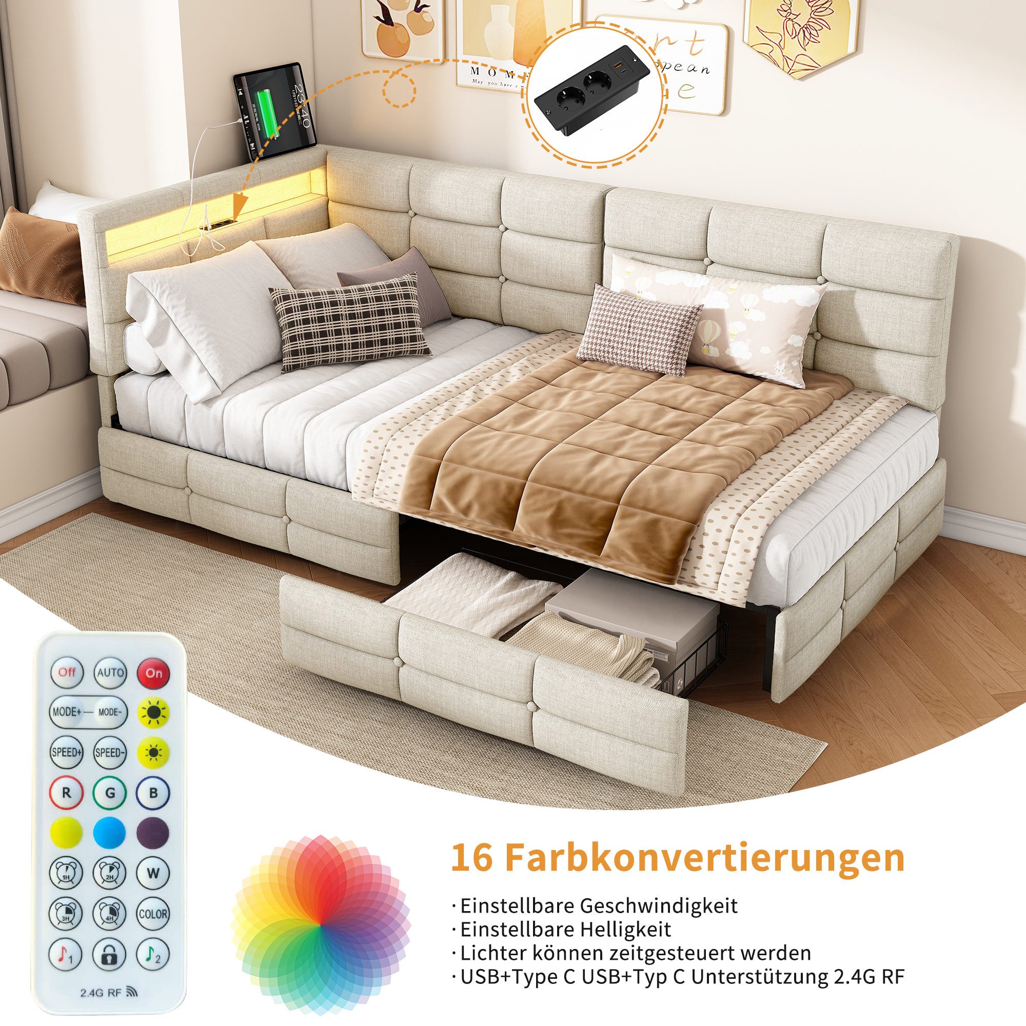 Simurq Daybed Modernes Tagesbett 90x200 cm, Polsterbett in Leinenoptik, Jugendbett, Holzlattenrost, mit Schubladen, mit USB Port+LED, Gästebett – Bild 5 von 5