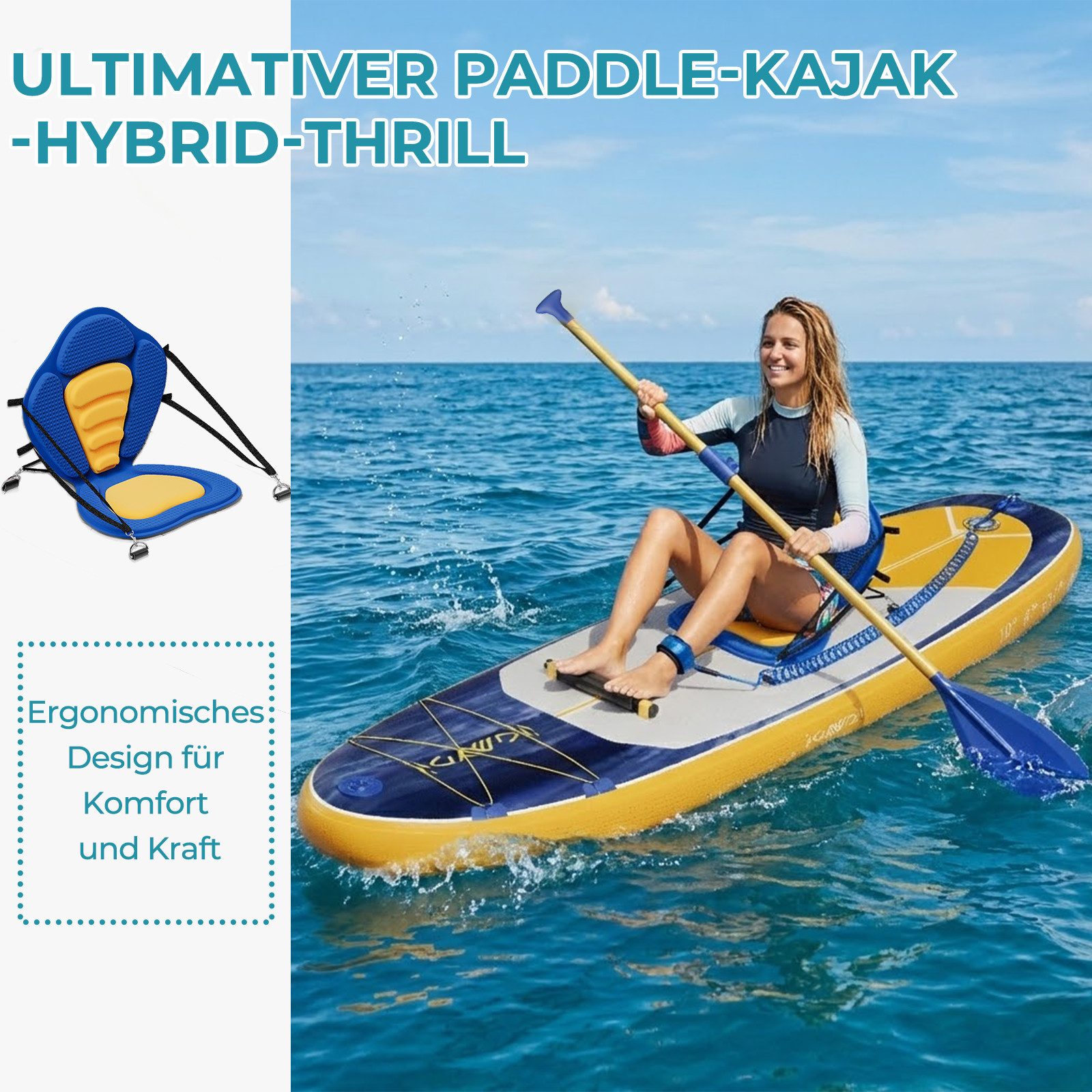 GUNJI Inflatable SUP-Board Aufblasbares 320*80*15CM stehendes Zellstoffbrett Tragfähigkeit 130KG, (Mit Kajaksitz, Rucksack, Pumpe, Doppelpaddeln, Sportkamerahal – Bild 4 von 5