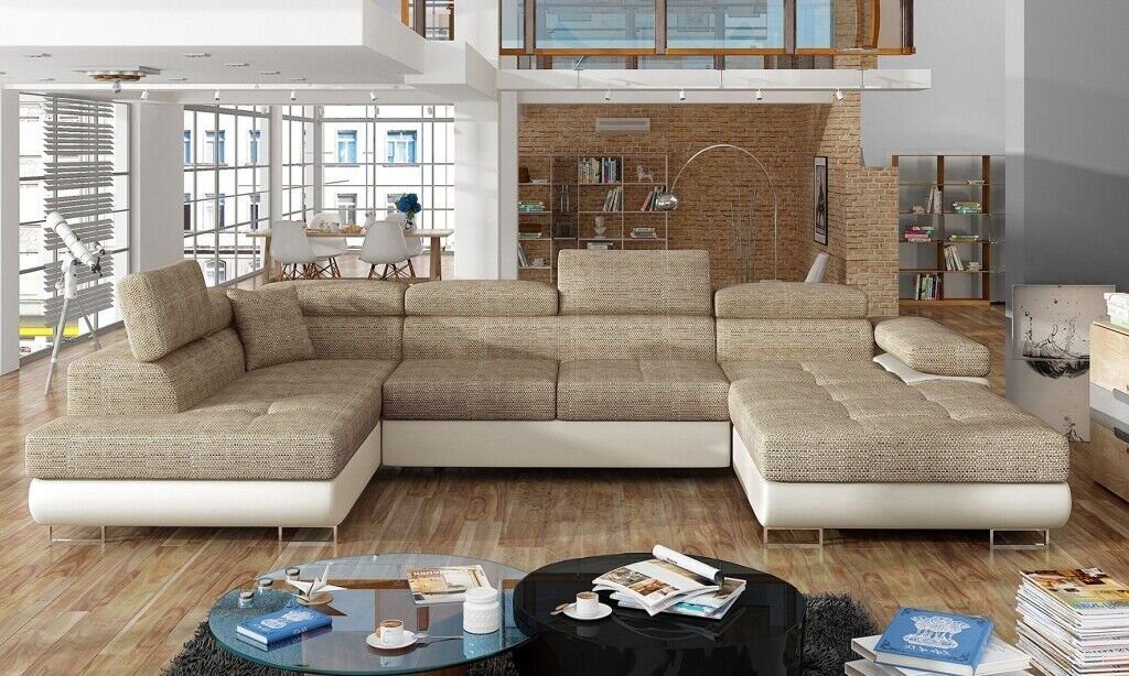 JVmoebel Ecksofa, Stoff U-Form Couch Wohnlandschaft Ecksofa Design Modern Sofa Modern Beige/Weiß