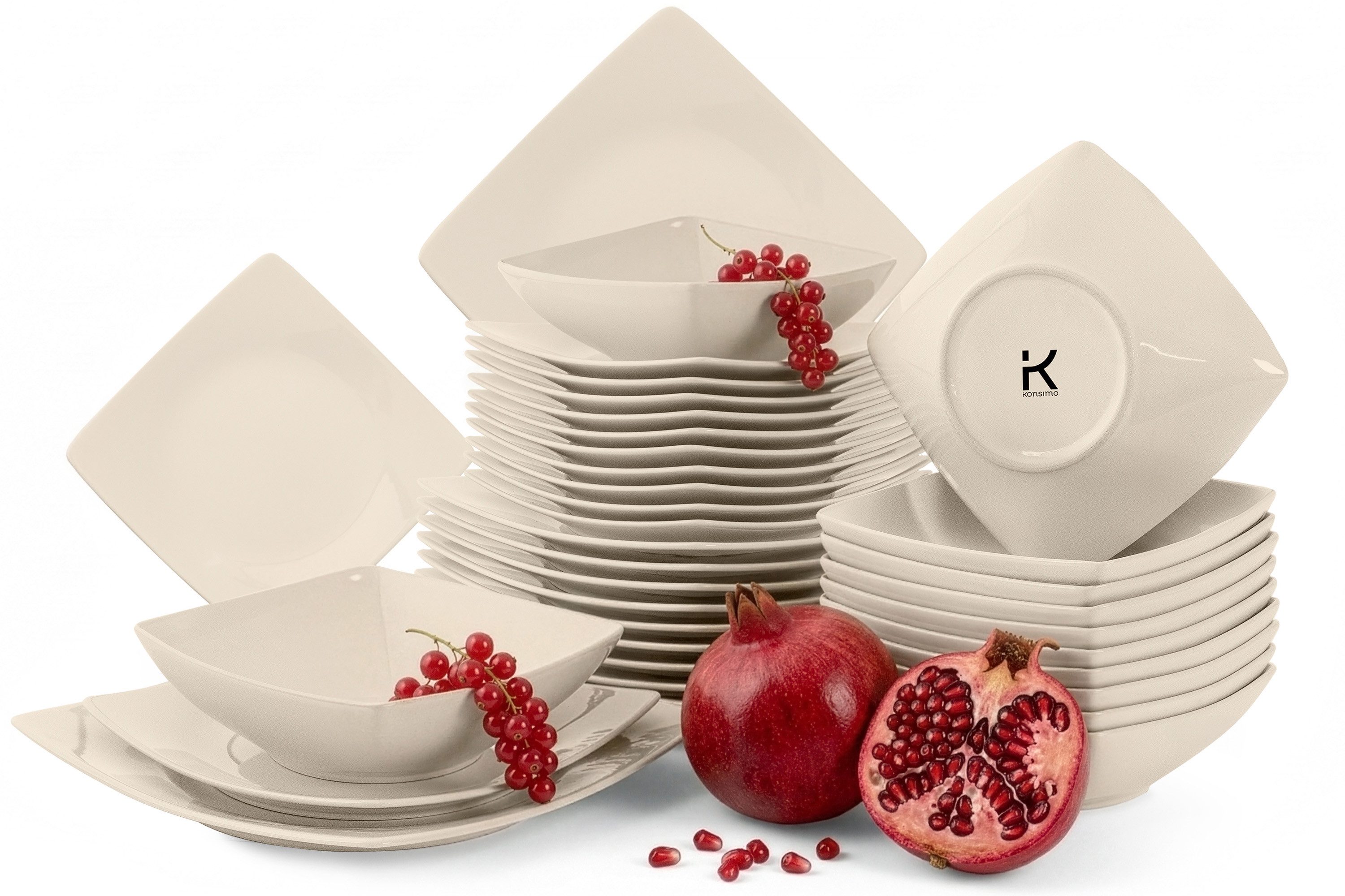 KONSIMO® Kombiservice EPIRI Tafelservice hergestellt in der EU, Modern, 12 Personen (36-tlg), 12 Personen, Keramik, beige, quadratisch, Spülmaschinenfest Mikrowellenfest