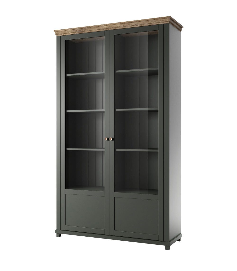 Helvetia Vitrine Elda (mit Türen, mit Einlegeböden, 1-St., moderne Optik, 2-türig mit Glaseinsatz) 126x42x200cm grün / Eiche Lefkas 2-türig