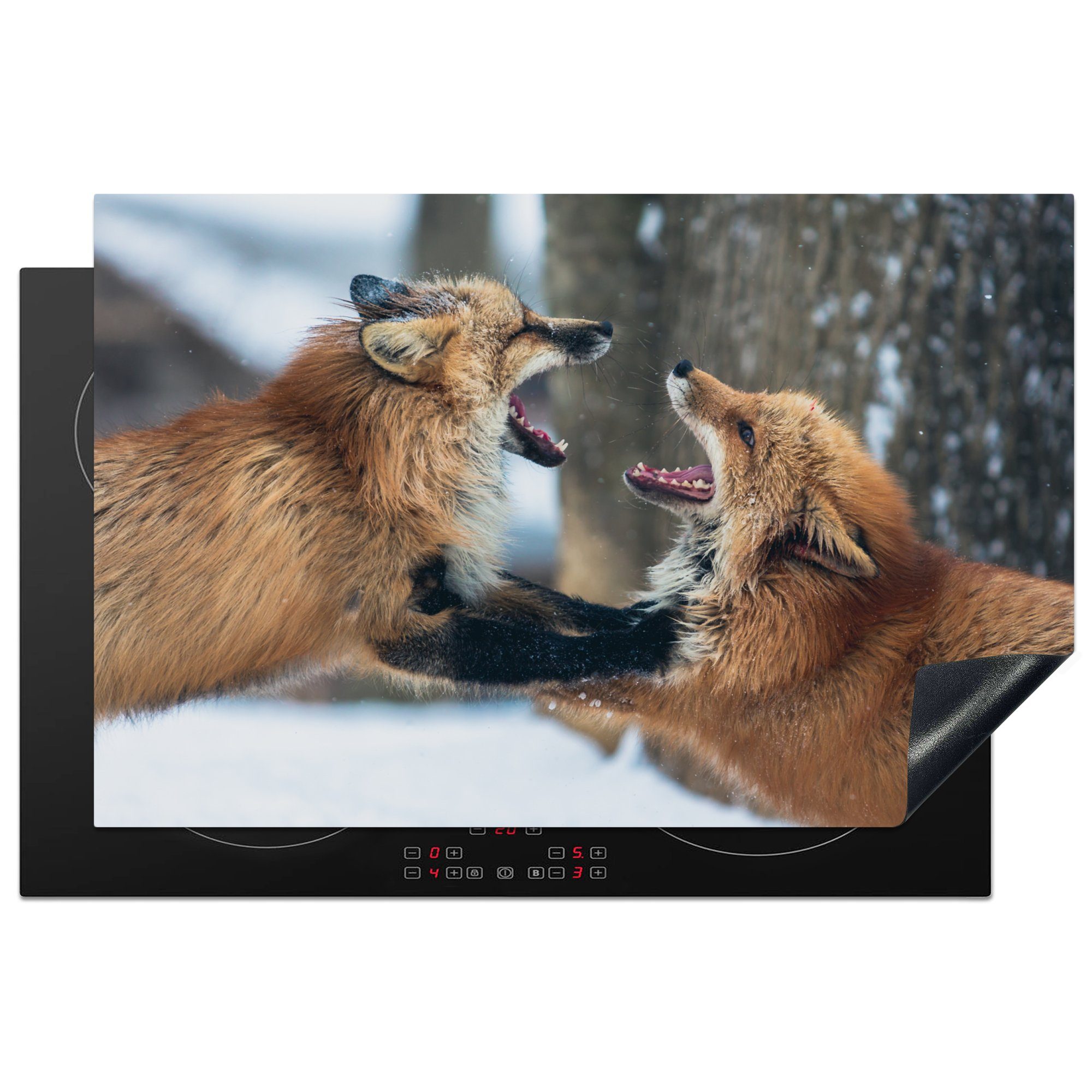 MuchoWow Herdblende-/Abdeckplatte Fuchs - Spielend - Schnee, Vinyl, (1 tlg), 81x52 cm, Induktionskochfeld Schutz für die küche, Ceranfeldabdeckung