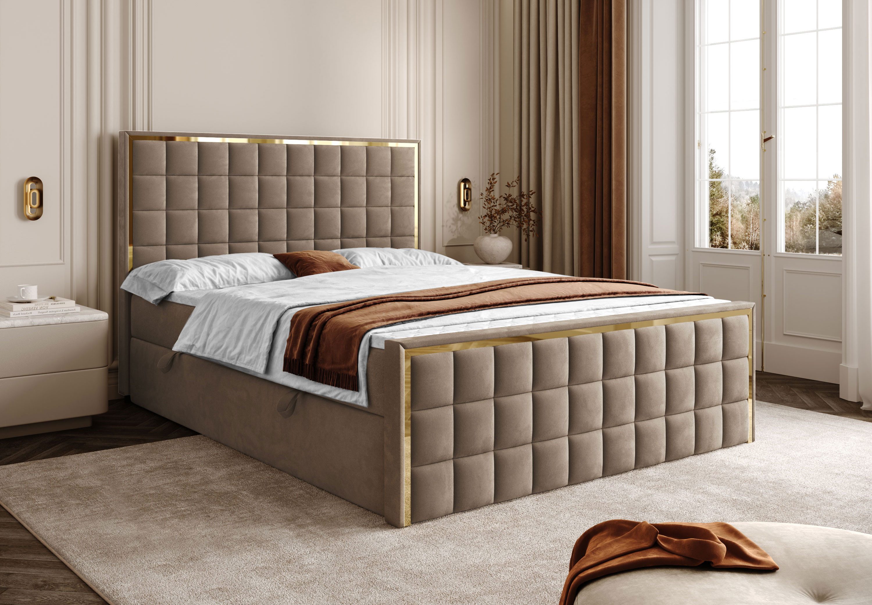 Lookway Boxspringbett ISADORA II GOLD mit zwei Bettkästen für Bettwäsche (Boxspringbett mit Topper), Breite: 140/160/180x200