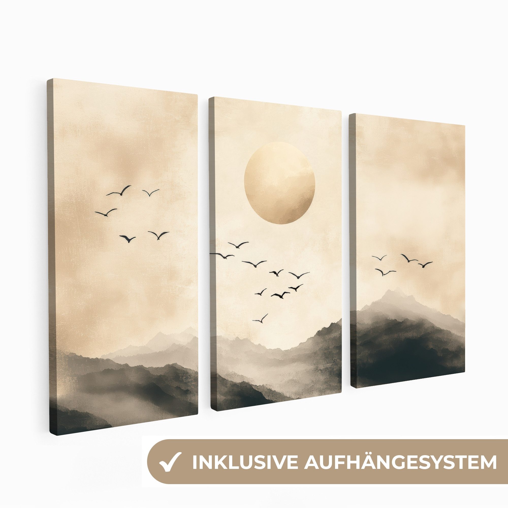 MuchoWow Leinwandbild Landschaft - Japandi - Beige - Vögel, Fotodruck (3 St günstig online kaufen