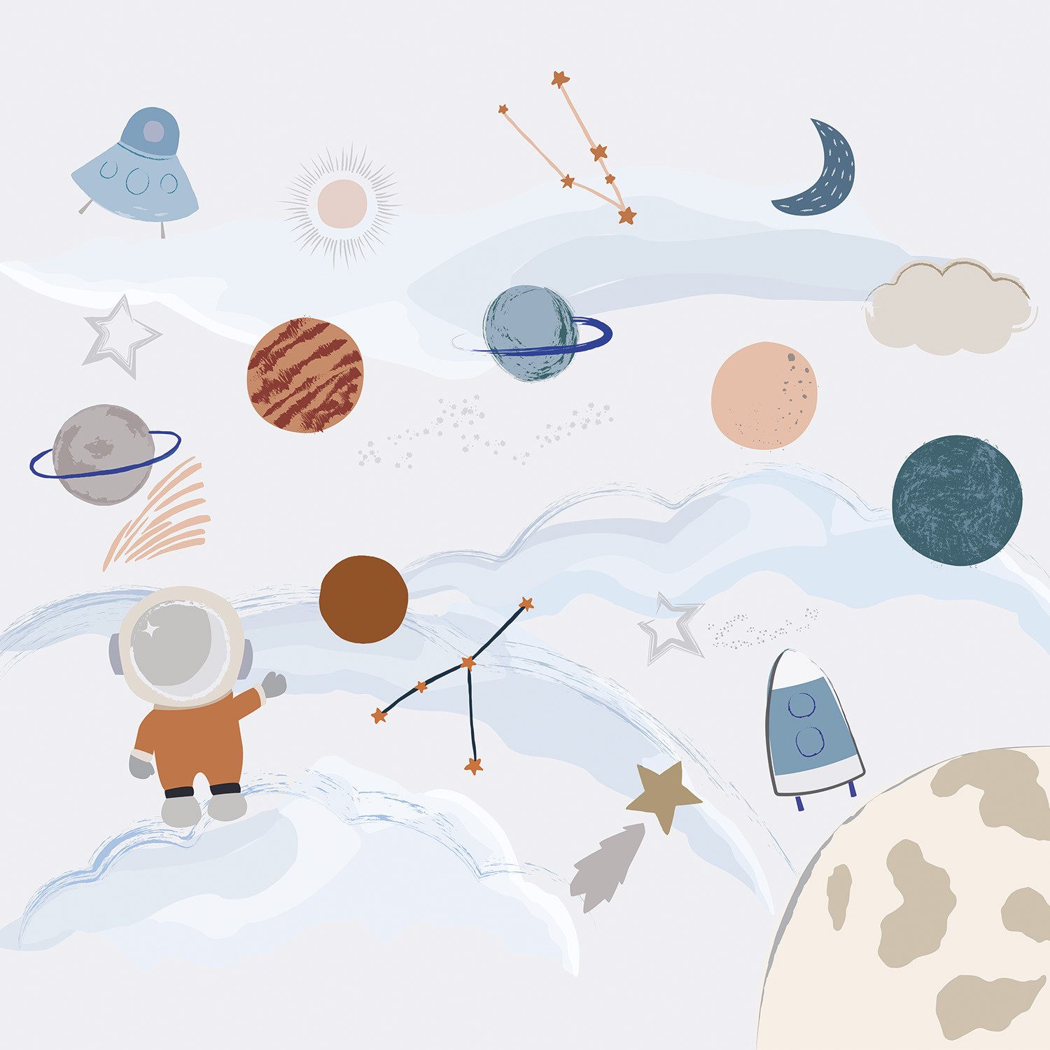 Rasch Fototapete Unendliche Weiten für Kinder - Roomblush Space RB355 - 2,85m x 3,00m, glatt, verspielt, kindgerecht, (1 Rolle, 1 St), Das unendliche Weltall im Kinderzimmer