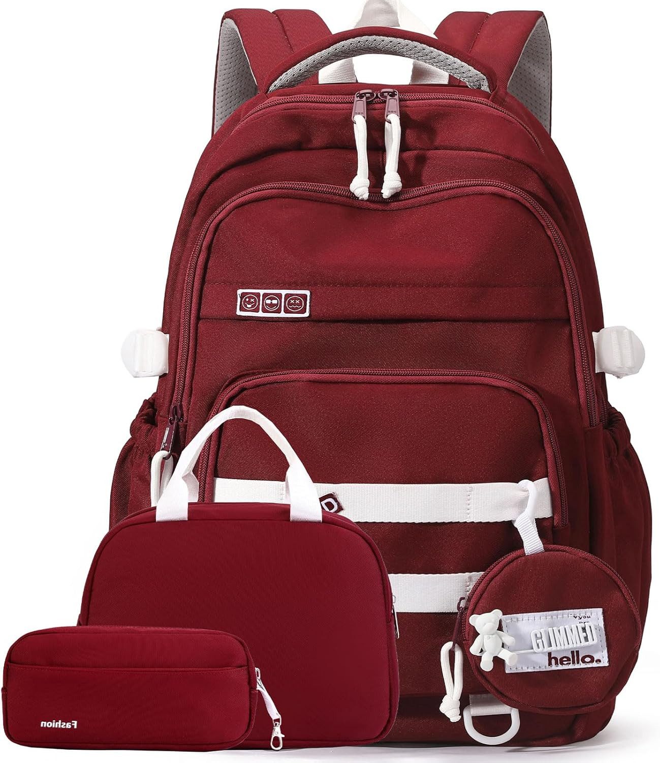 MOPUEA Schulrucksack Schulrucksack-Set Mädchen Teenager Wasserdichter Daypack (Leicht Wasserabweisend Großes Fassungsvermögen Ergonomisch, 3-tlg., Großem Hauptfach und Seitentaschen), mit Lunchbox und Federmäppchen für Schule Reisen und Alltag