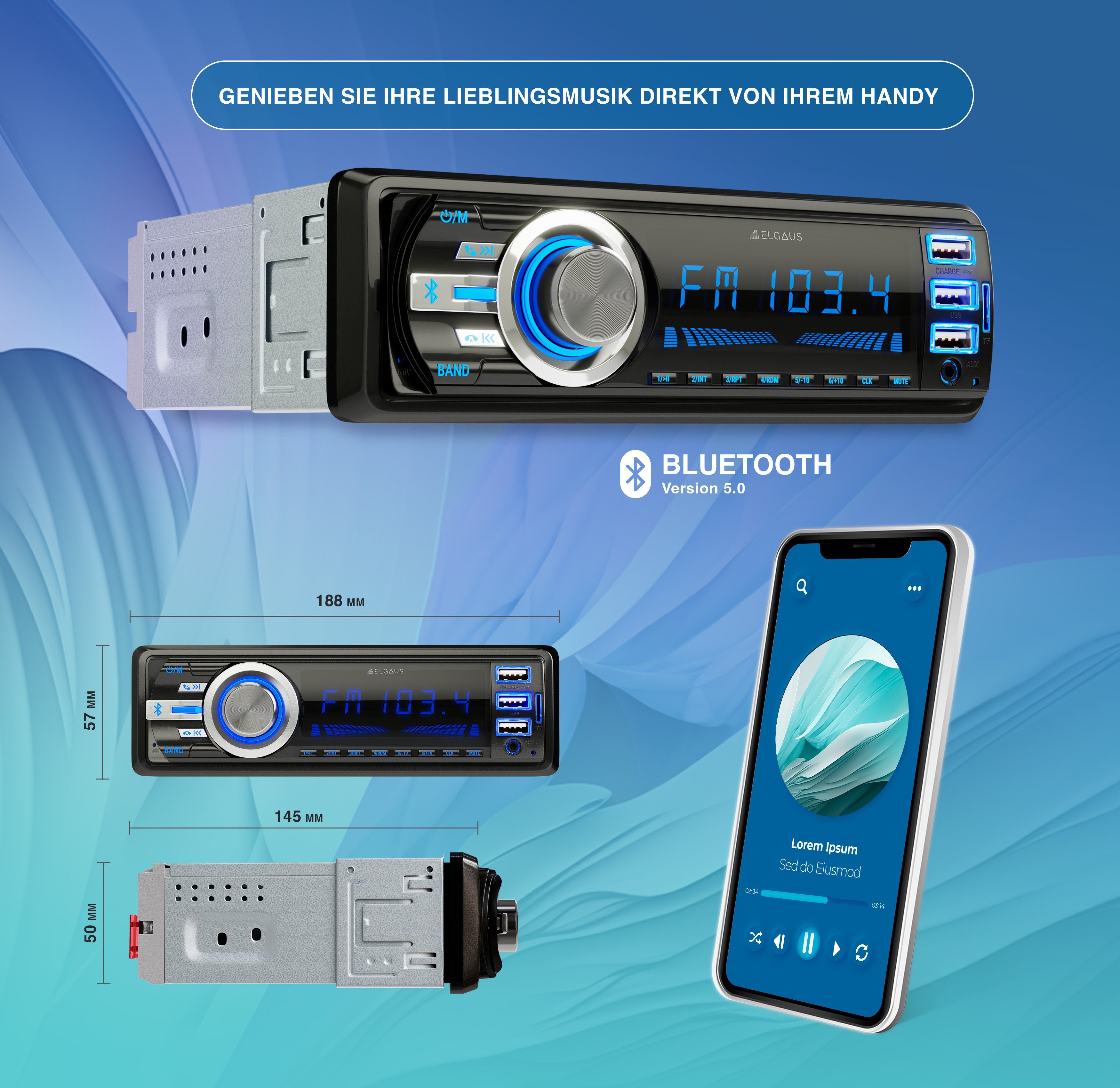 Appsteuerung, DE/EN) 1 (FM/AM, OM-180P RDS, ID3, RDS, Bluetooth, in ELGAUS Din Manual Fernbedienung, Autoradio