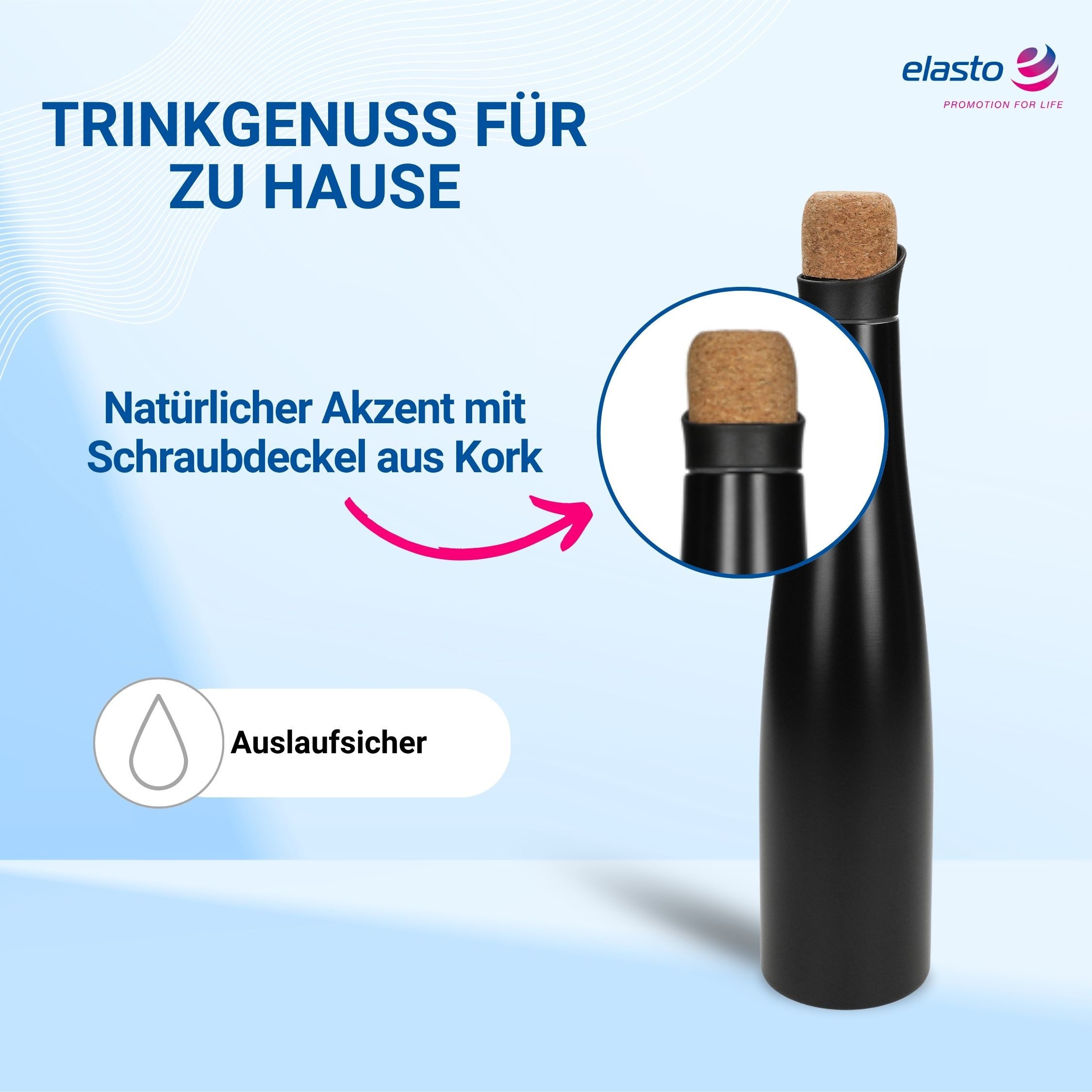elasto Wasserkaraffe Thermo Karaffe 750 ml aus Edelstahl mit Deckel aus Kork