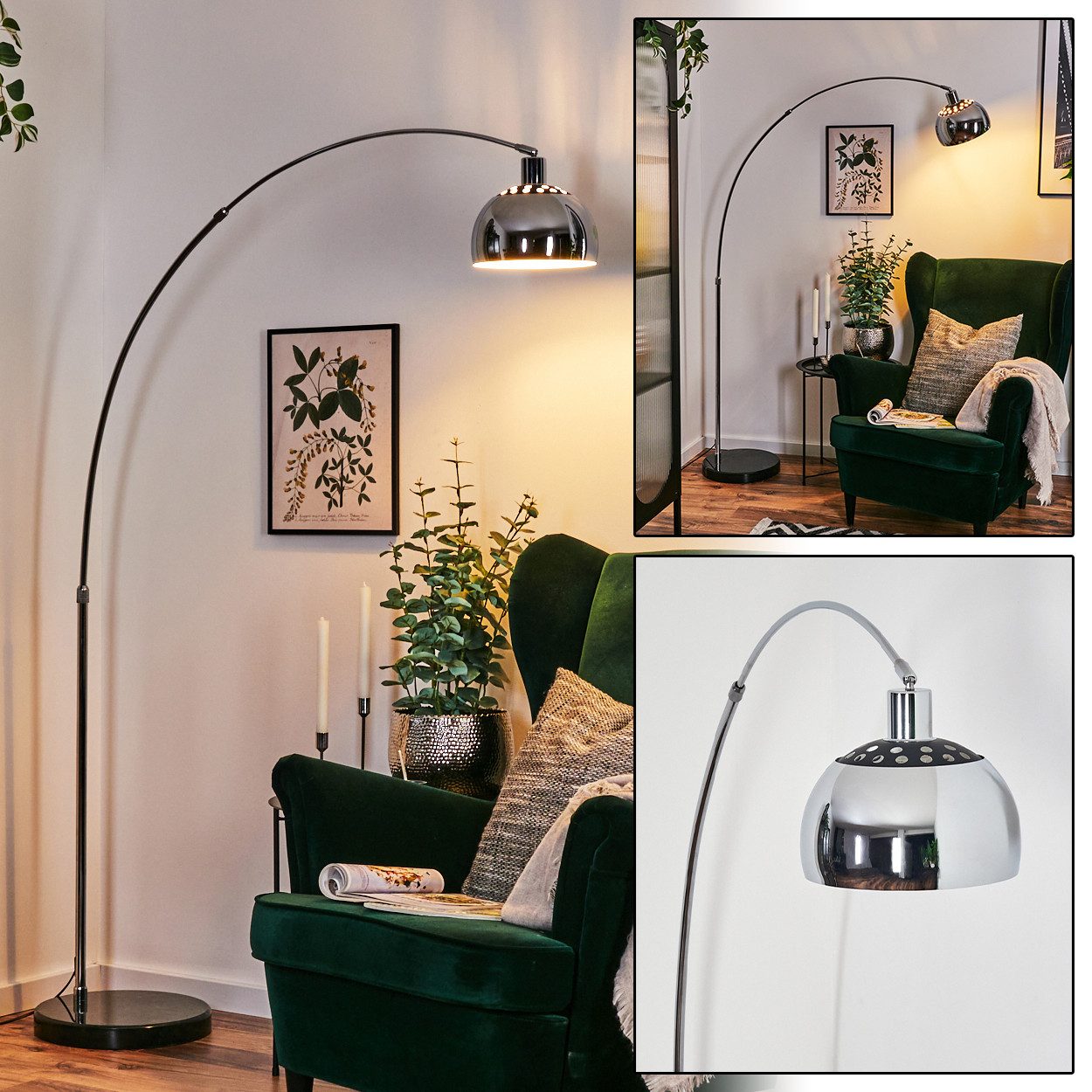 hofstein Bogenlampe Stehlampe aus Metall mit Marmorfuß in Schwarz/Chromfarben/Weiß, ohne Leuchtmittel, verstellbar, im Retro/Vintage-Design, Fußschalter, Lichteffekt, E27