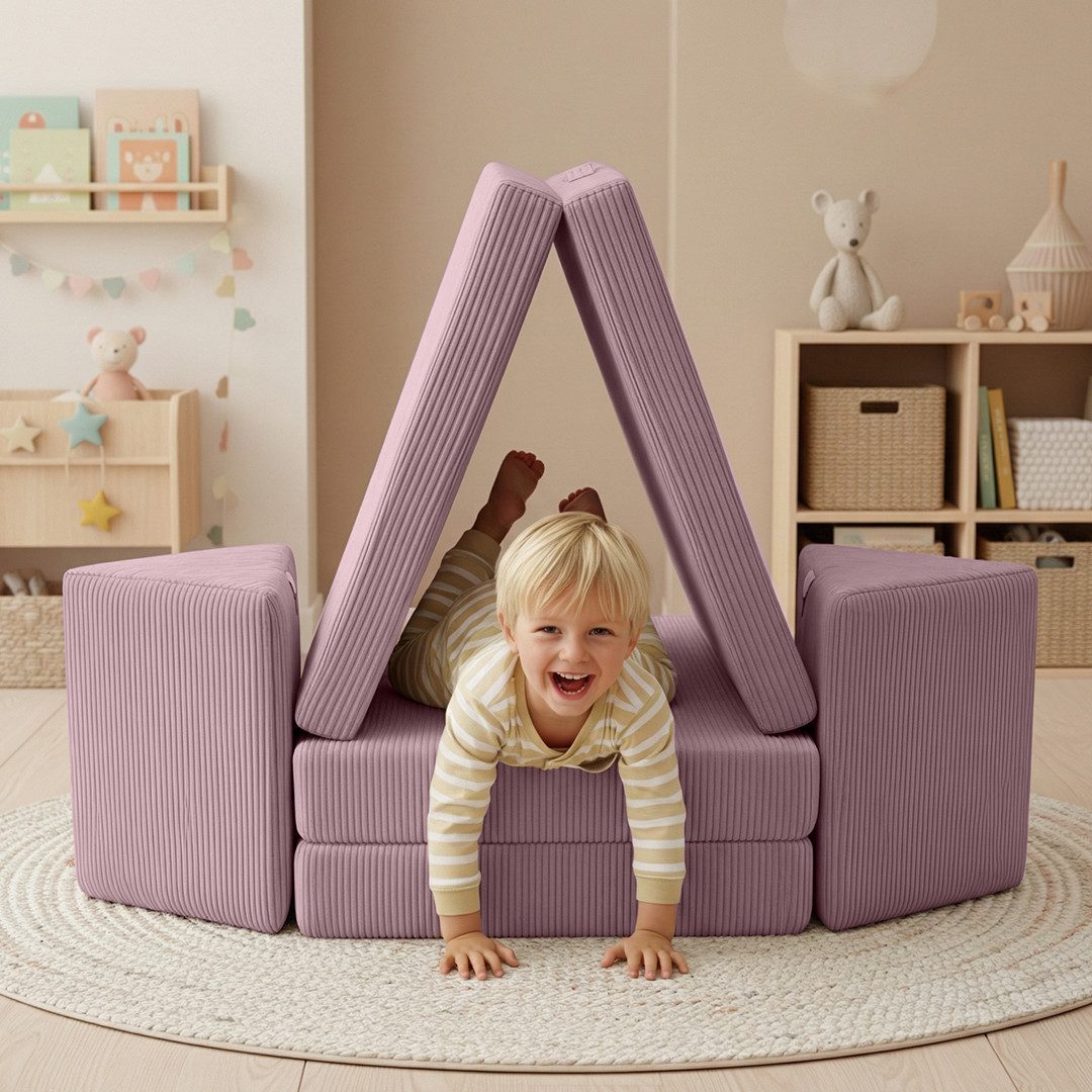 Bellabino Kindersofa Nile aus Schaumstoff Teilen, modulare Kindercouch aus Cord, Lila, Maxi-Variante, faltbare Kinderspielcouch, Cordbezug, abnehmbar, waschbar 160x52x75cm