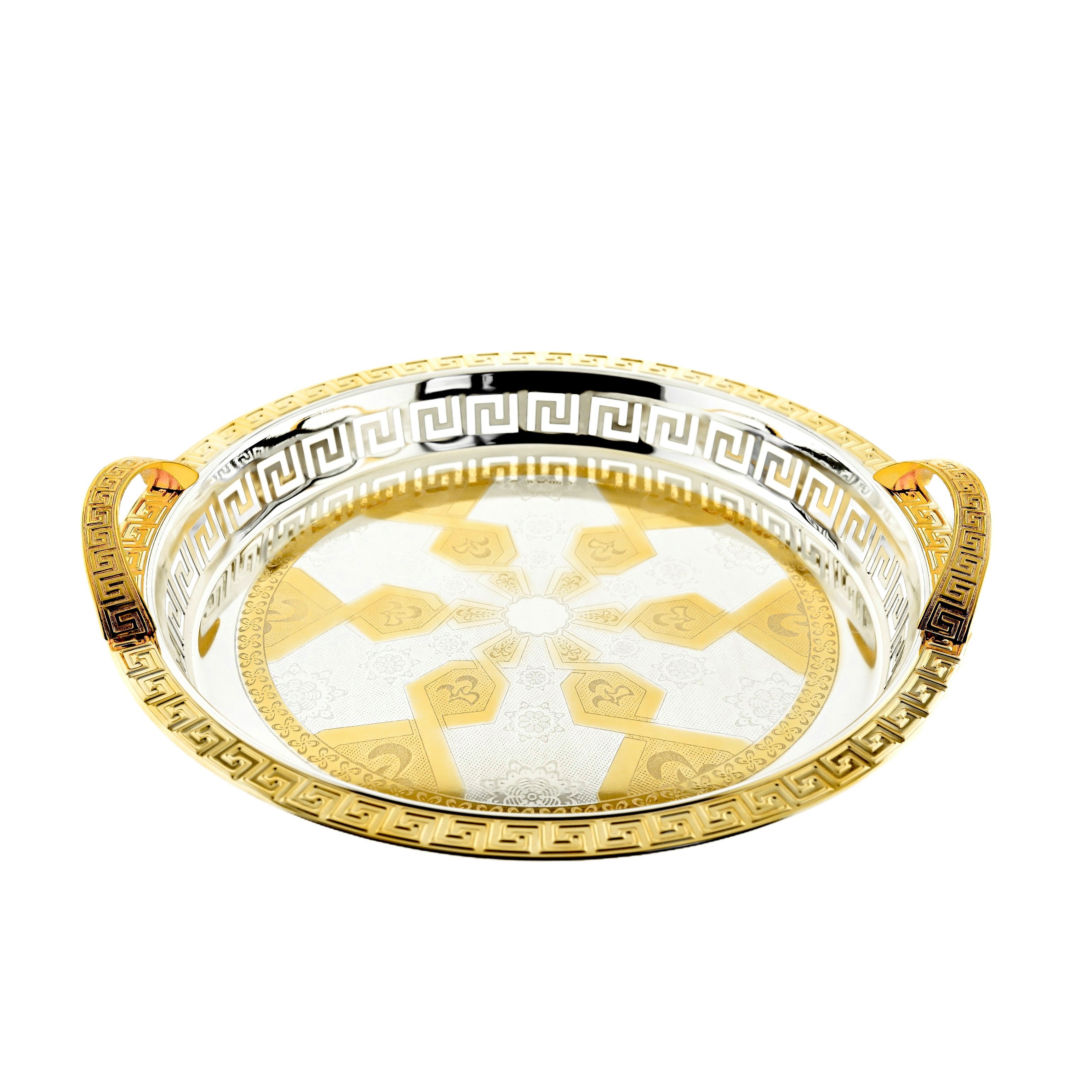 Sunay Tablett Sunay Serviertabletten Rund Silber mit goldenen Musterdetails