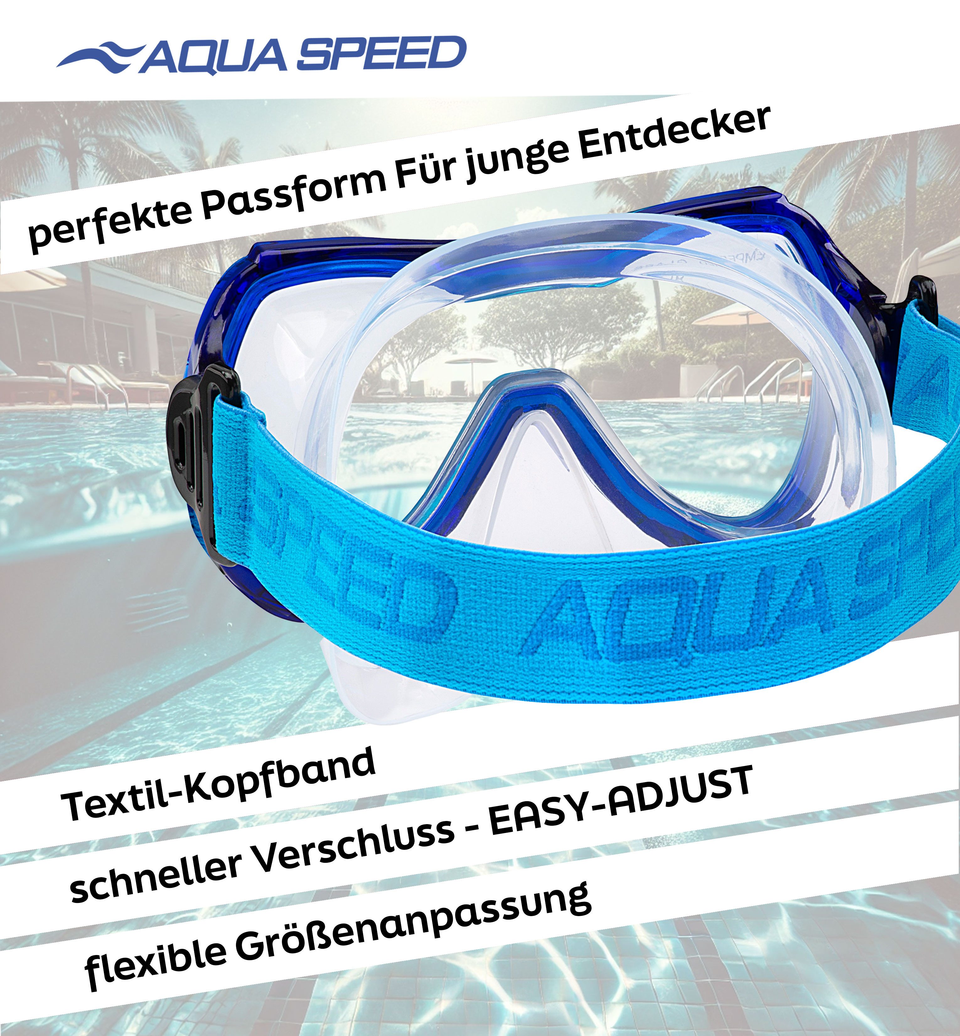 Aqua Speed Schnorchel ALIZE FS Tauchmaske für Kinder Kindertauchmaske Stoffband (Sicher, Bequem und Perfekt für Kleine Unterwasser-Abenteurer), Taucherbrille Kind Stoff-Kopfband Einzellinse