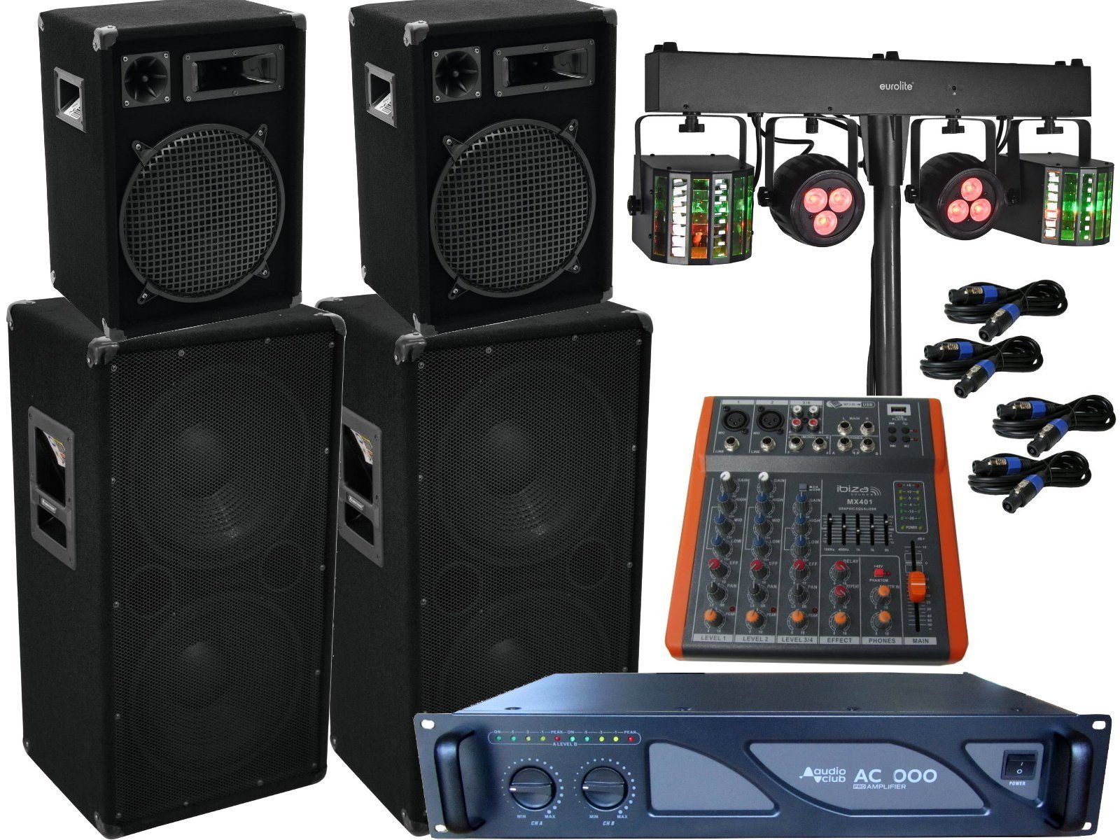 DSX 3800 Watt PA Komplett Set Mixer Anlage LED Licht Verstärke Bass Party-Lautsprecher (2000 W)