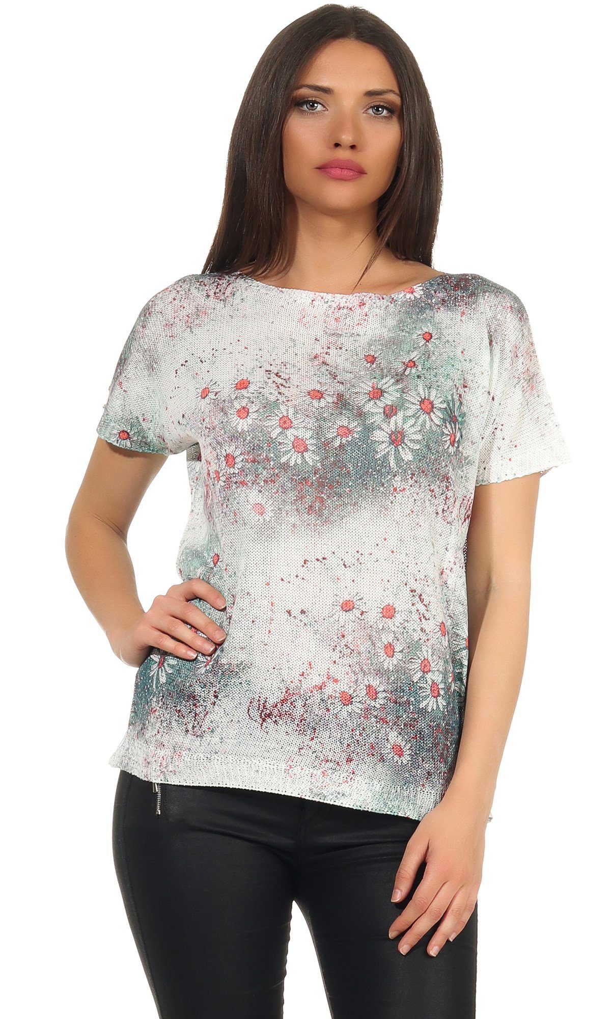 Mississhop Print-Shirt Damen weißes Shirt mit Blumen Tshirt Bluse 320