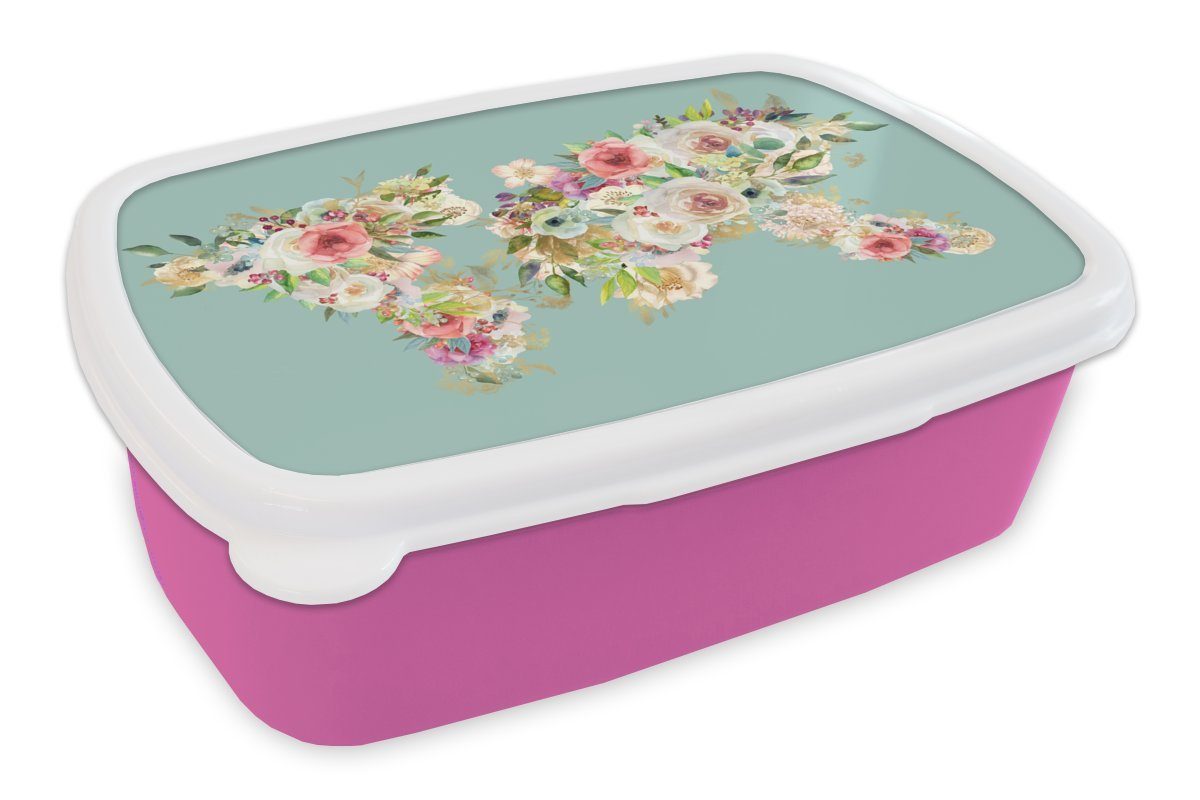 MuchoWow Lunchbox Karte - Welt - Blumen - Pflanzen, Kunststoff, (2-tlg), Brotbox für Erwachsene, Brotdose Kinder, Snackbox, Mädchen, Kunststoff rosa