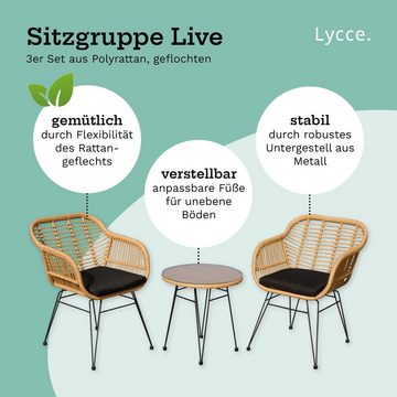 Lycce Gartenlounge-Set Gartenmöbel 3er-Set Sitzgruppe LIVE, Loungemöbel Balkon Terrasse, 2 Stühle inkl. Kissen + 1 runder Tisch mit Glasplatte