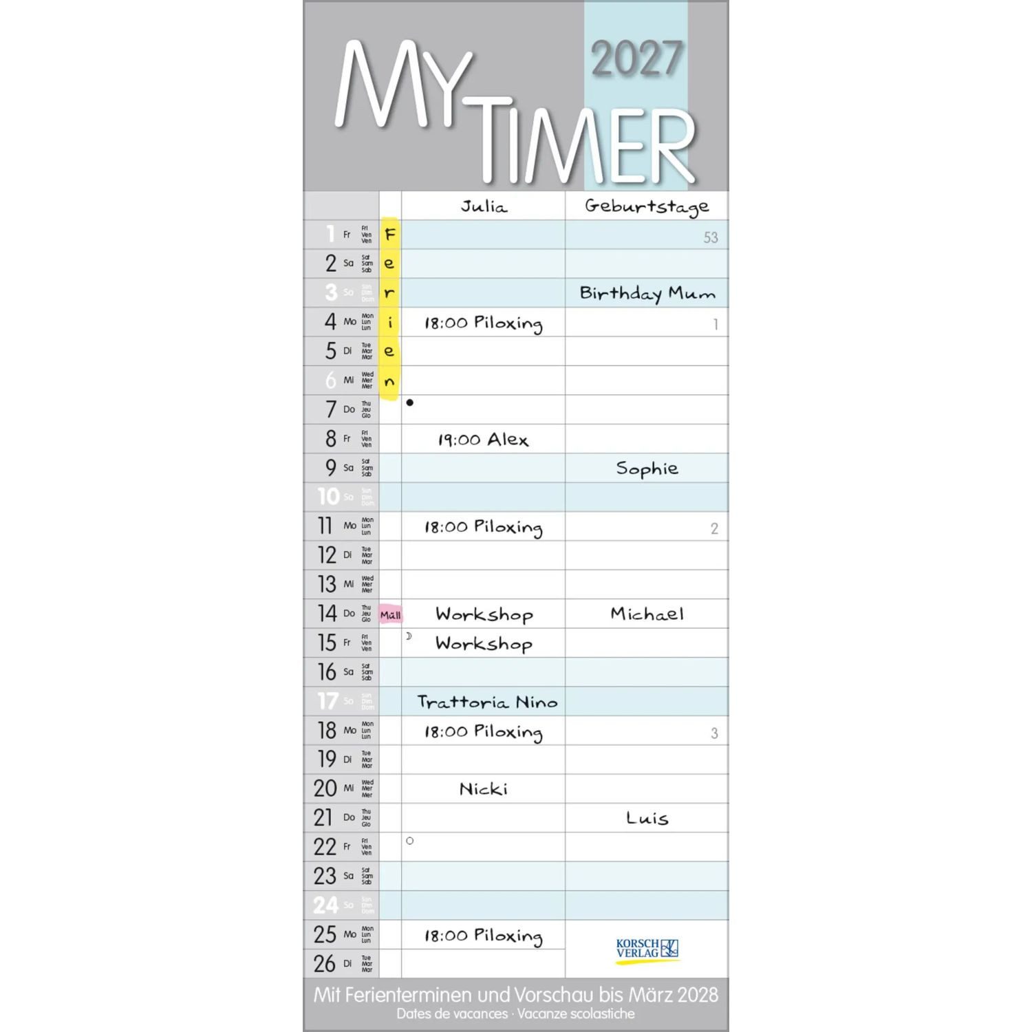 Korsch Verlag Wandkalender My Timer 2027