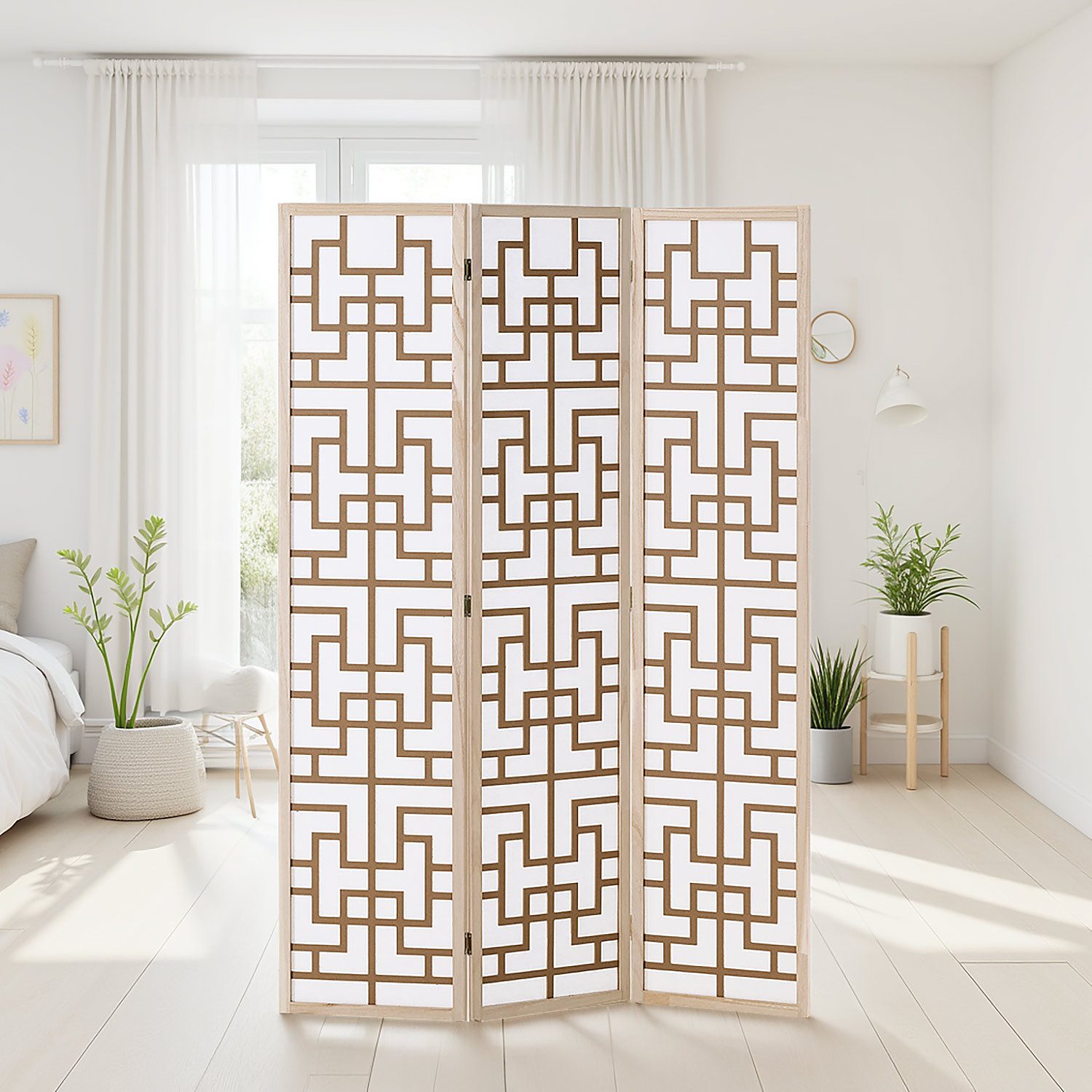 Homestyle4u Paravent Перегородки Holz Shoji Trennwand Natur Sichtschutz Indoor faltbar (3-teilig), 3-teilig, Braun, faltbar