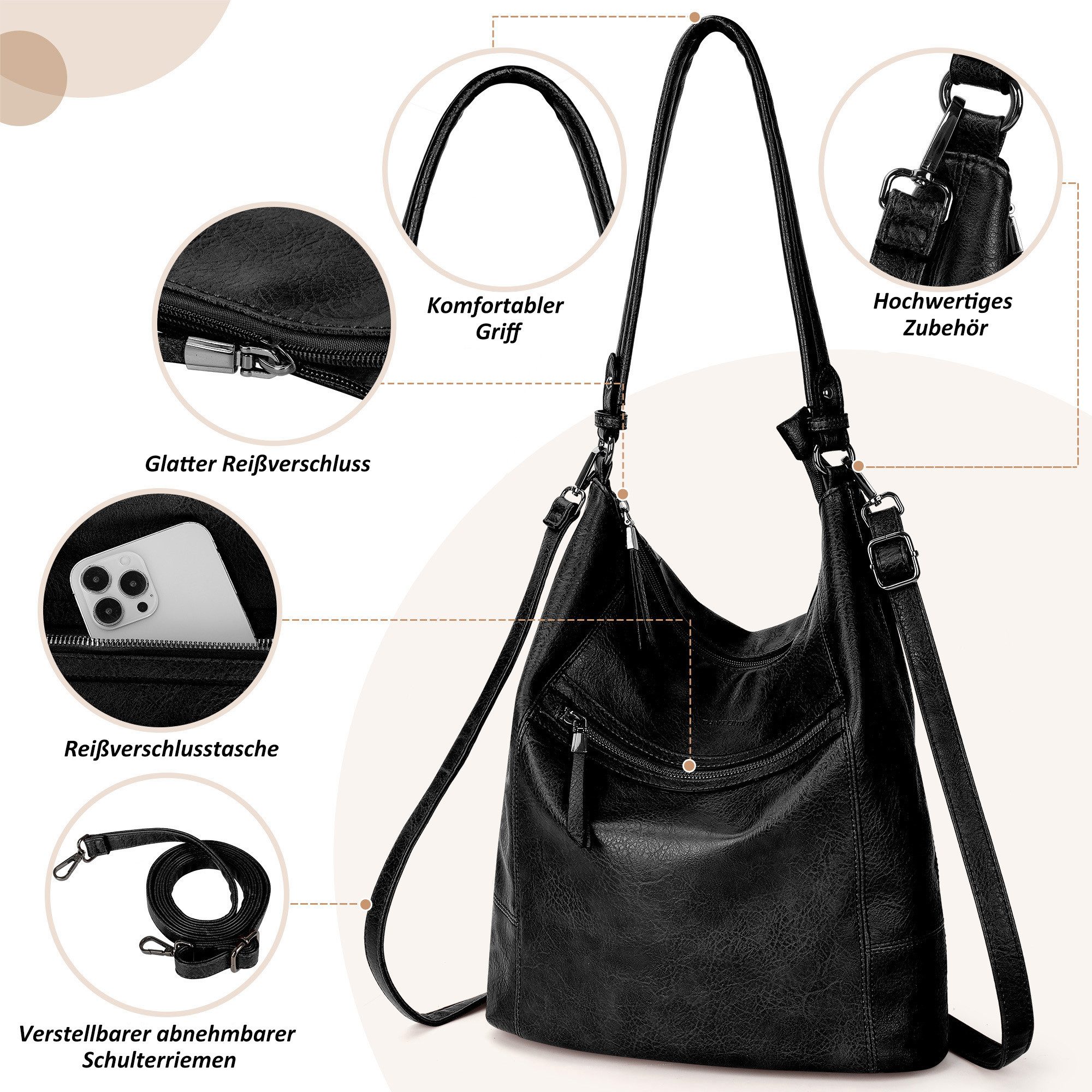 TANTOMI Handtasche 2-Tlg Shopper Schultertasche mit Geldbörse Damen Groß Umhängetasche, Crossbody Bag Damen für Pendler und Reisen mit Abnehmbarem Riemen – Bild 3 von 5